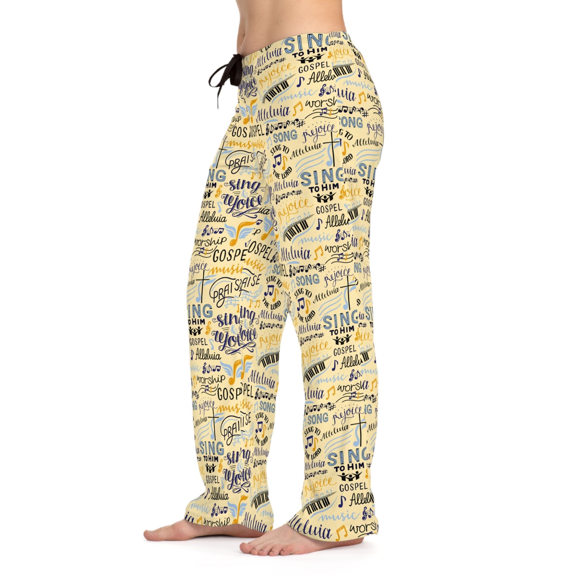 Sing To Him Alleluia Women's Yellow Lounge / Pajama Pants - Matching Pajama Set and Indoor Slippers Available Size: XS Color: White stitching Jesus Passion Apparel