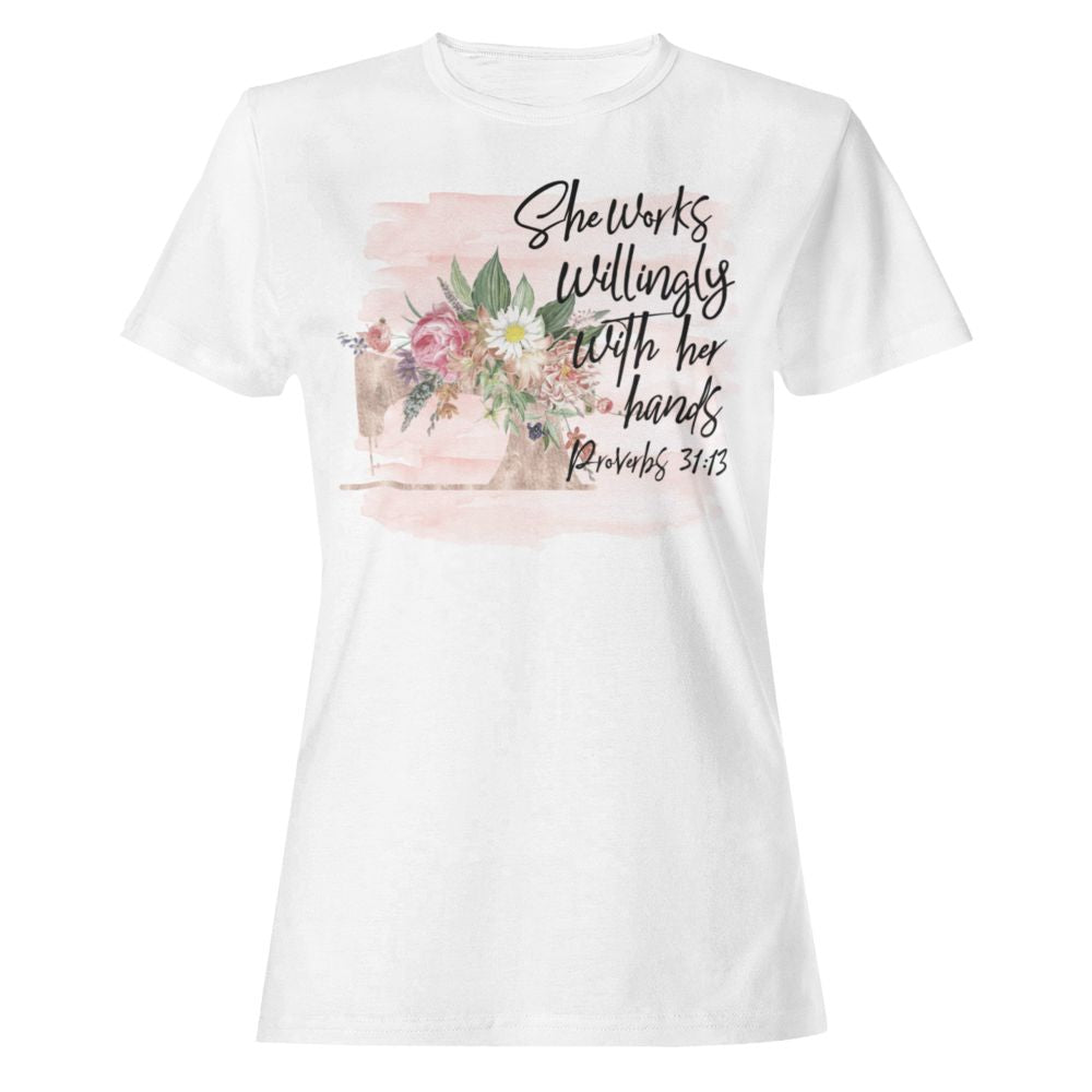 Seamstress - She Works Willingly Relaxed T-Shirt - Matching Tote Available Size: S Jesus Passion Apparel