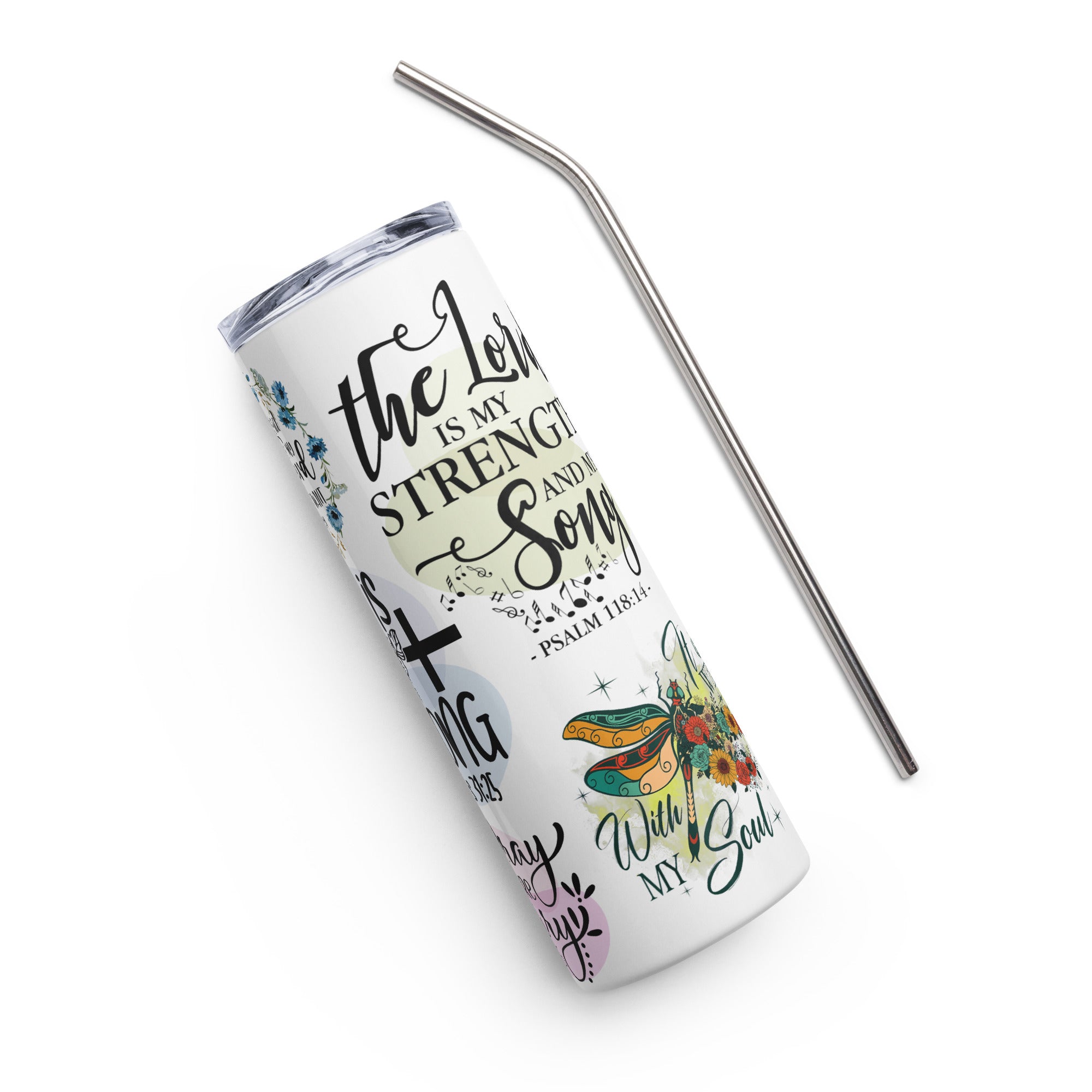 Strong in Christ 20 oz Tumbler with reusable Stainless Steel Straw Size: 20oz Color: White Jesus Passion Apparel