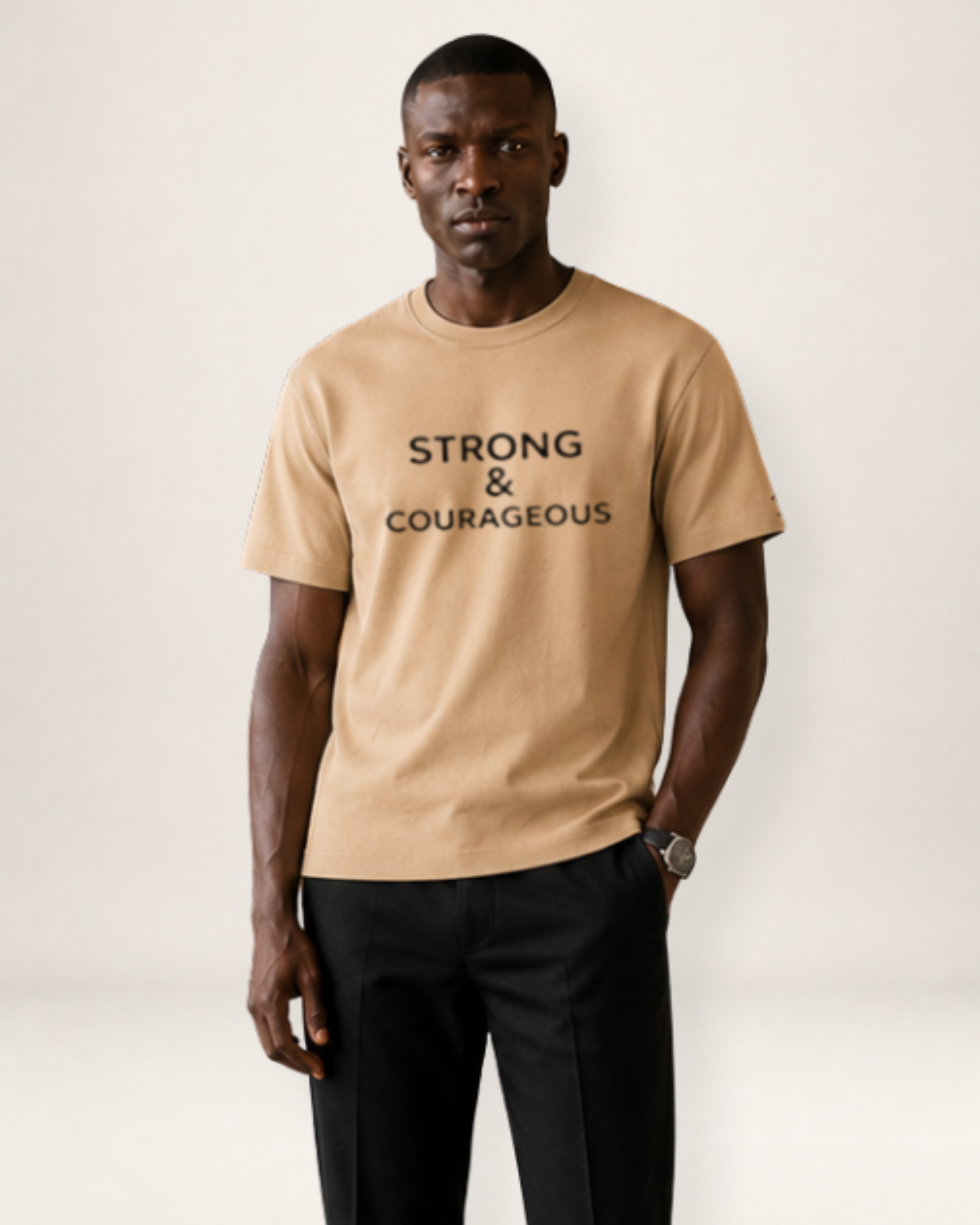 Man wearing a beige t-shirt with 'STRONG & COURAGEOUS' text on a plain background