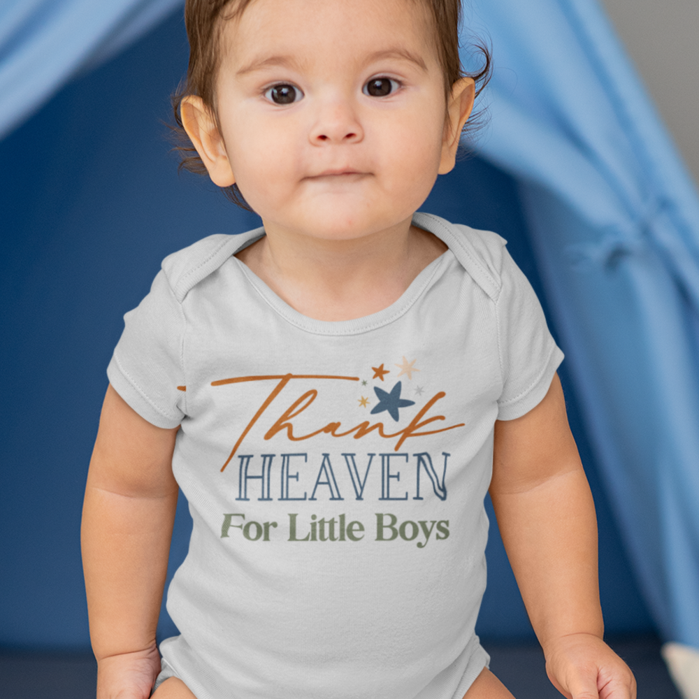Thank Heaven for Little Boys Baby Bodysuit Color: Athletic Heather Size: 3-6m Jesus Passion Apparel