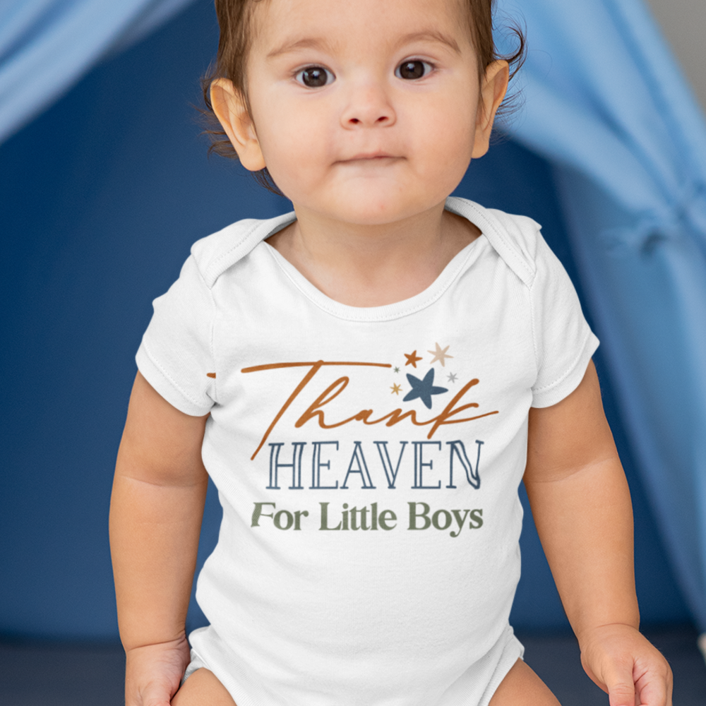 Thank Heaven for Little Boys Baby Bodysuit Color: Athletic Heather Size: 3-6m Jesus Passion Apparel