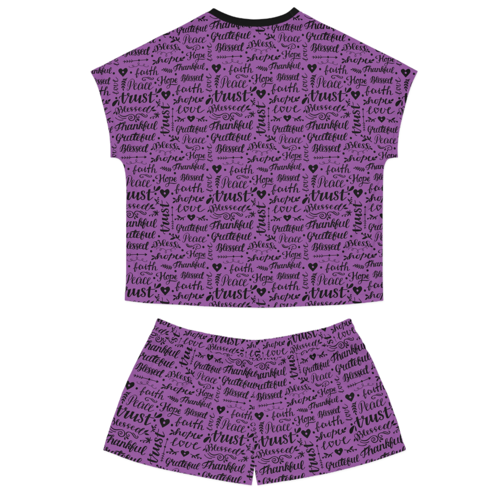 Thankful Grateful Blessed Women's Purple Short Pajama Set Size: S Color: Black Jesus Passion Apparel