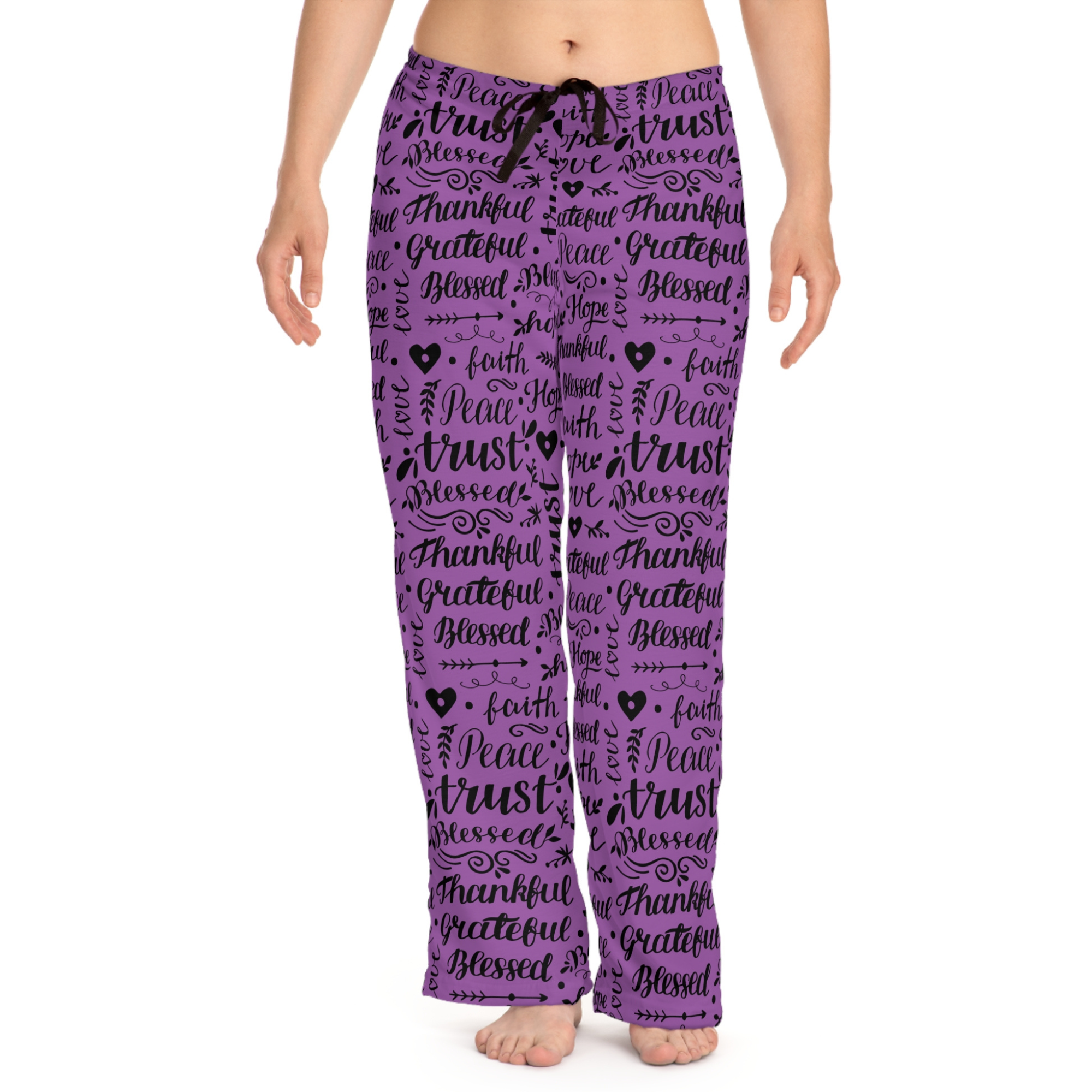 Thankful Grateful Blessed Women's Purple Lounge / Pajama Pants - Matching Pajama Set and Indoor Slippers Available Size: XS Color: White stitching Jesus Passion Apparel