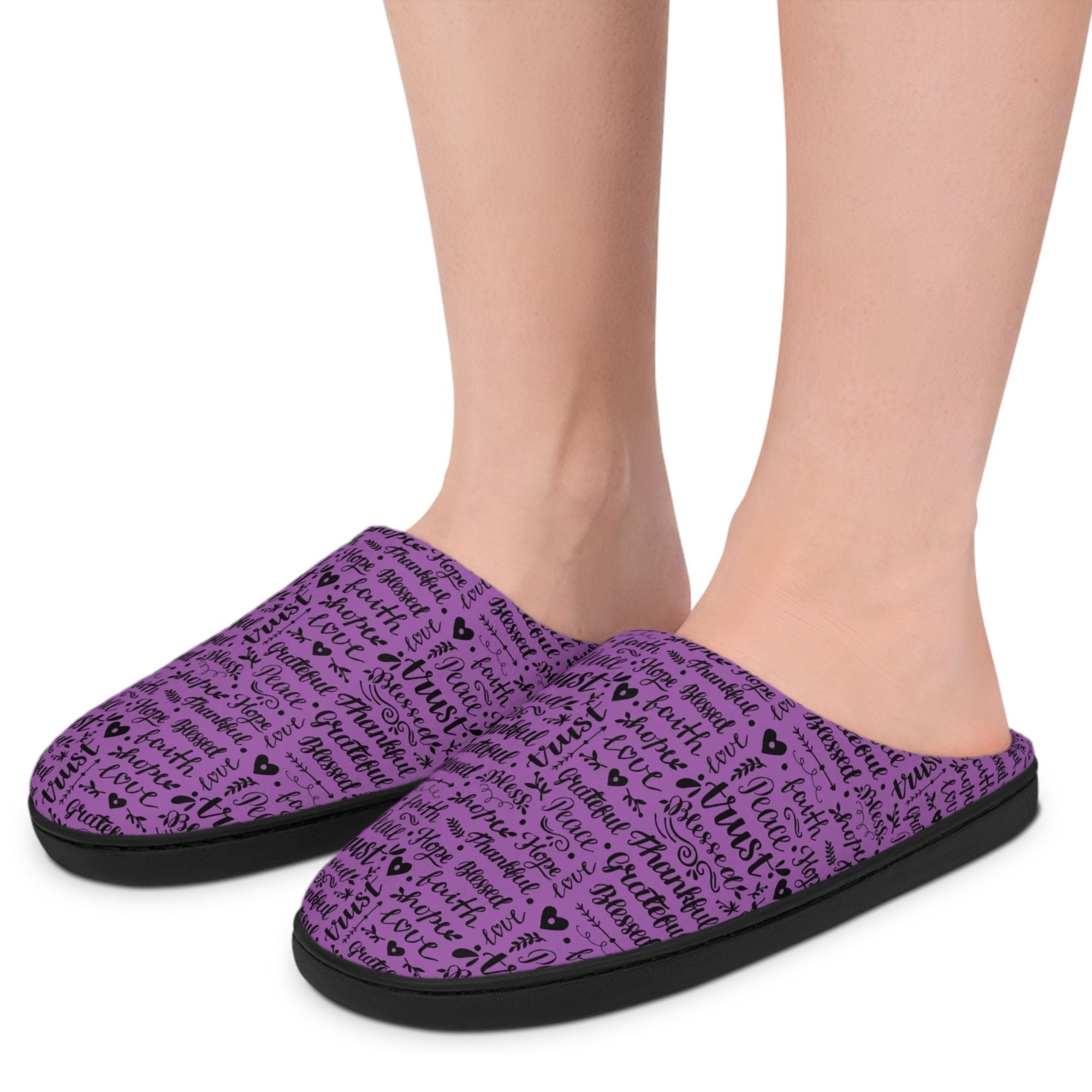 Thankful Grateful Blessed Women's Purple Indoor Slippers - Matching Pajama Set and Lounge / Pajama Pants Available Size: US 7 - 8 Color: Black sole Jesus Passion Apparel