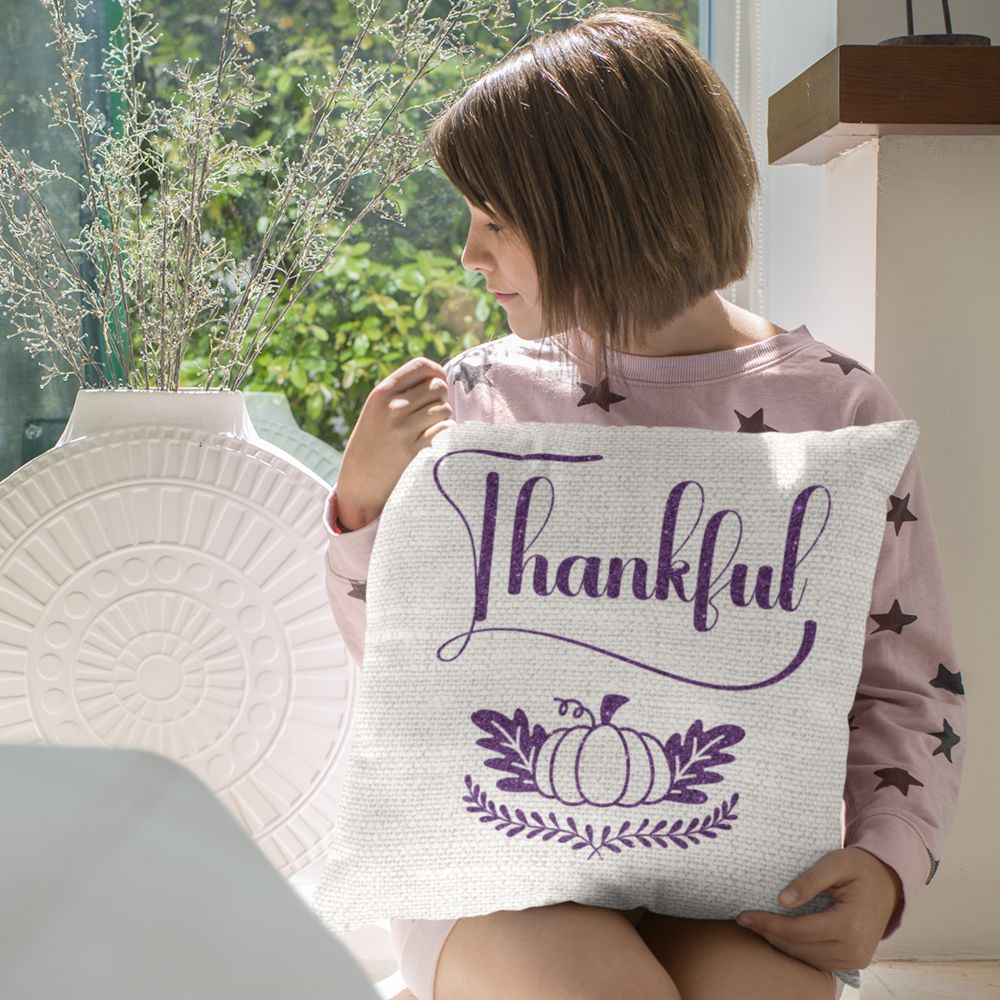 Thankful Pumpkin Purple Glitter and Leaves on Soothing Gray Linen Pattern Spun Polyester Square Pillow Size: 14" × 14" Jesus Passion Apparel