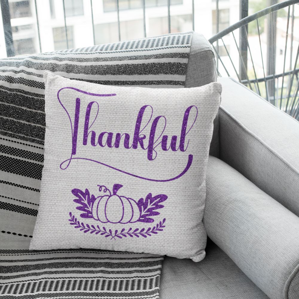 Thankful Pumpkin Purple Glitter and Leaves on Soothing Gray Linen Pattern Spun Polyester Square Pillow Size: 14" × 14" Jesus Passion Apparel