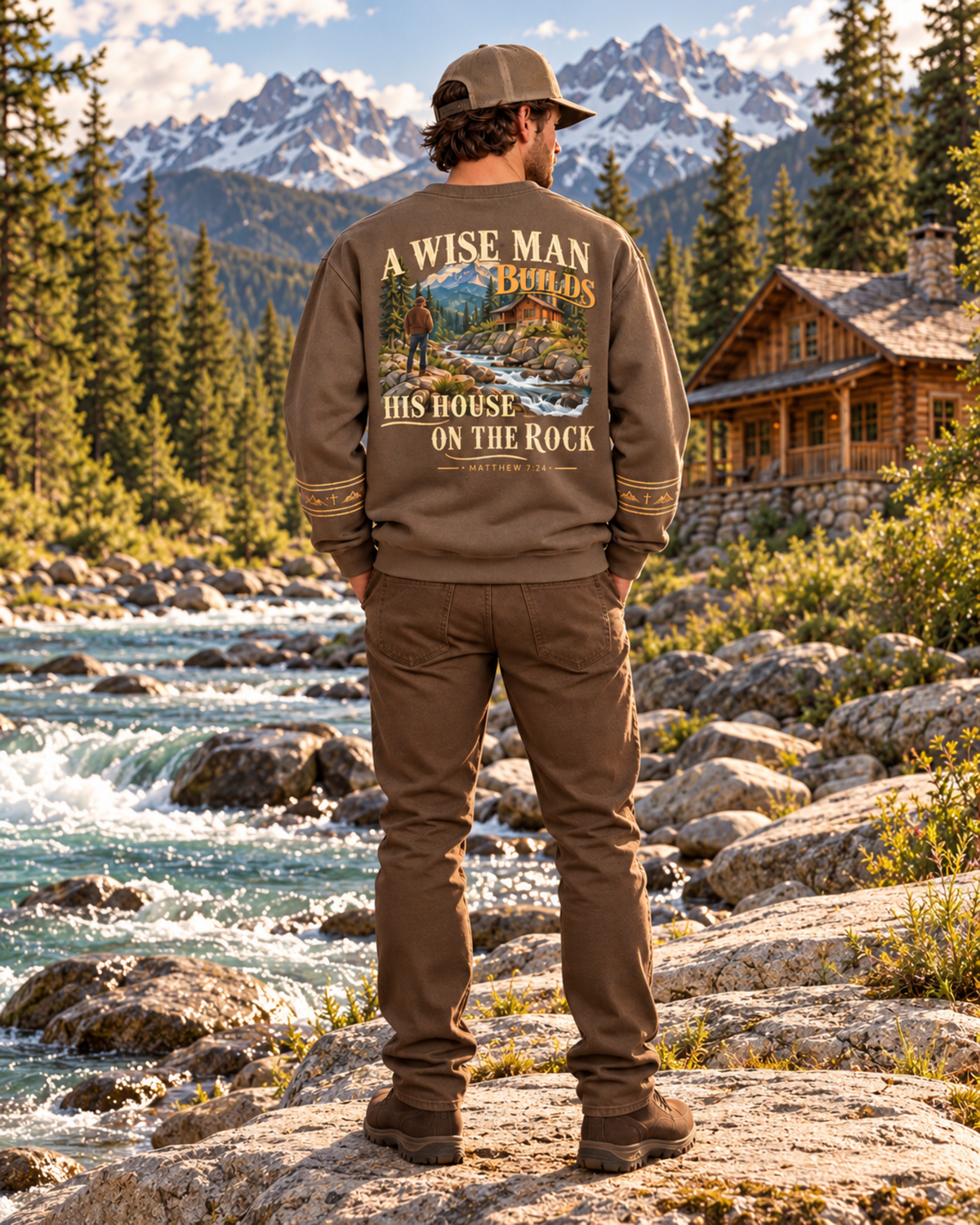 Back view of THE ROCK Christian sweatshirt beside a rocky river, with illustrated house-on-the-rock artwork.
