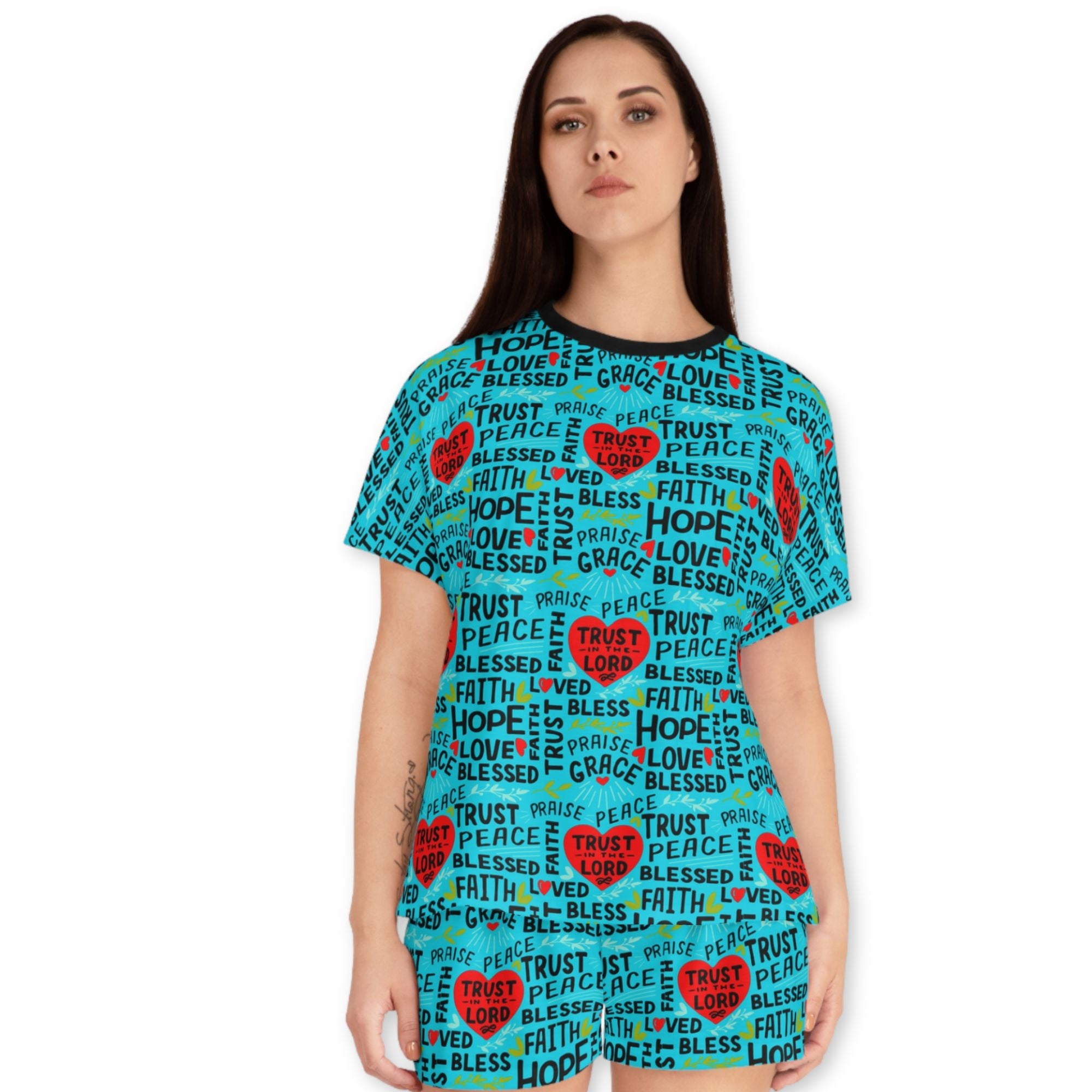 Trust in the Lord Women's Ocean Blue Short Pajama Set - Matching Lounge / Pajama Pants and Indoor Slippers Available Size: S Color: Black Jesus Passion Apparel