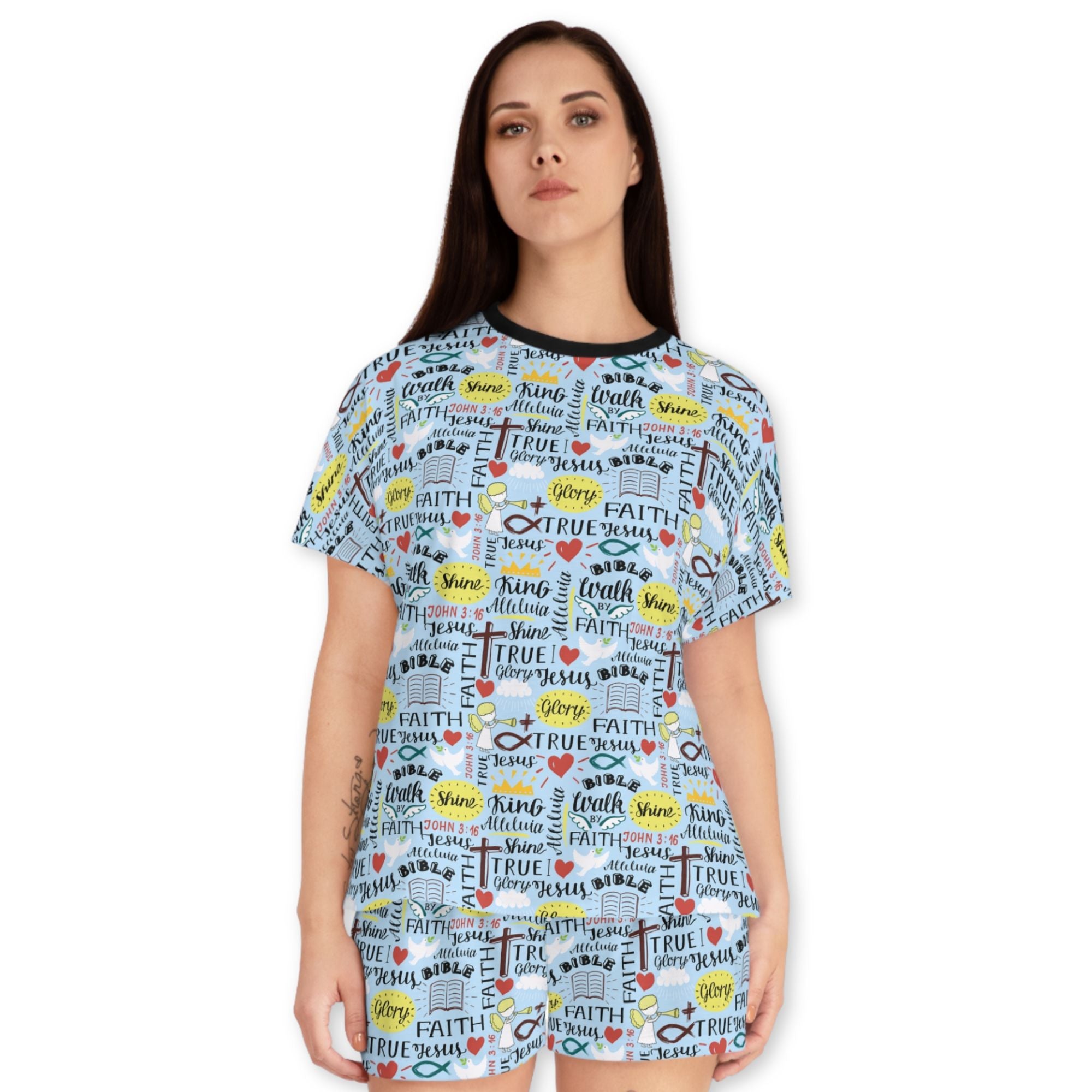 Angel Affirmations Women's Sky Blue Short Pajama Set - Matching Lounge / Pajama Pants and Indoor Slippers Available Size: S Color: Black Jesus Passion Apparel