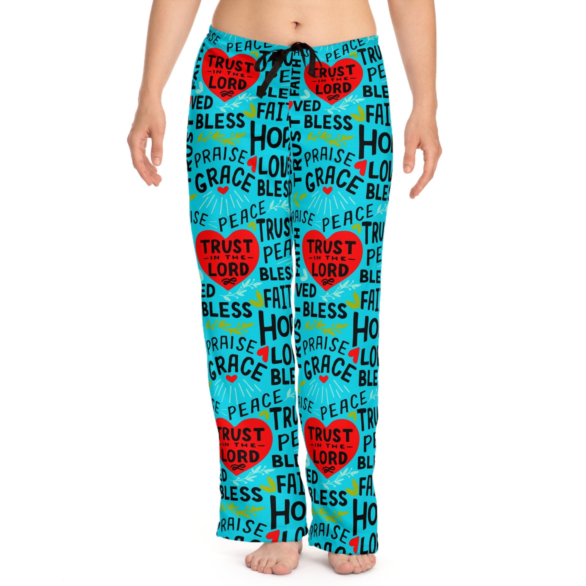 Trust in the Lord Women's Ocean Blue Lounge / Pajama Pants - Matching Pajama Set and Indoor Slippers Available Size: XS Color: White stitching Jesus Passion Apparel