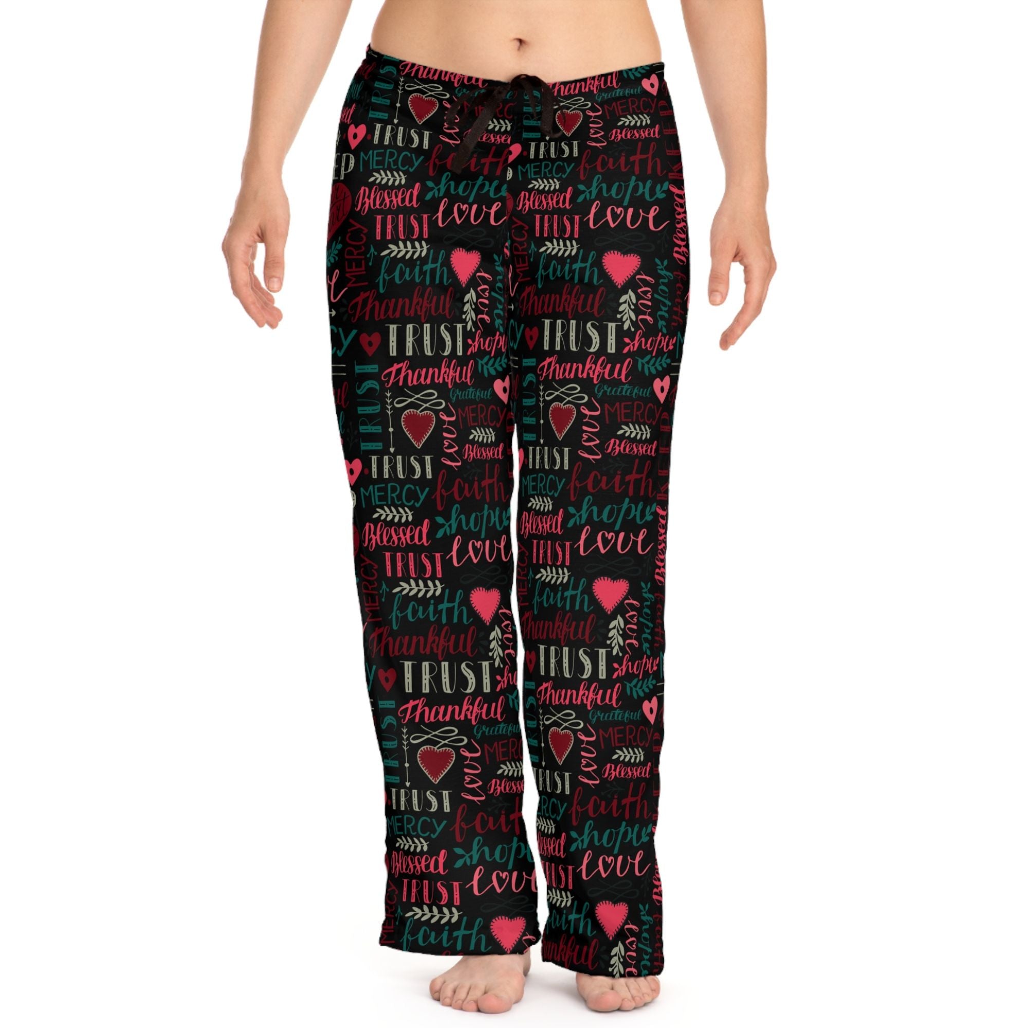 Faith Hope Love Women's Black Lounge / Pajama Pants - Matching Pajama Set and Indoor Slippers Available Size: XS Color: White stitching Jesus Passion Apparel