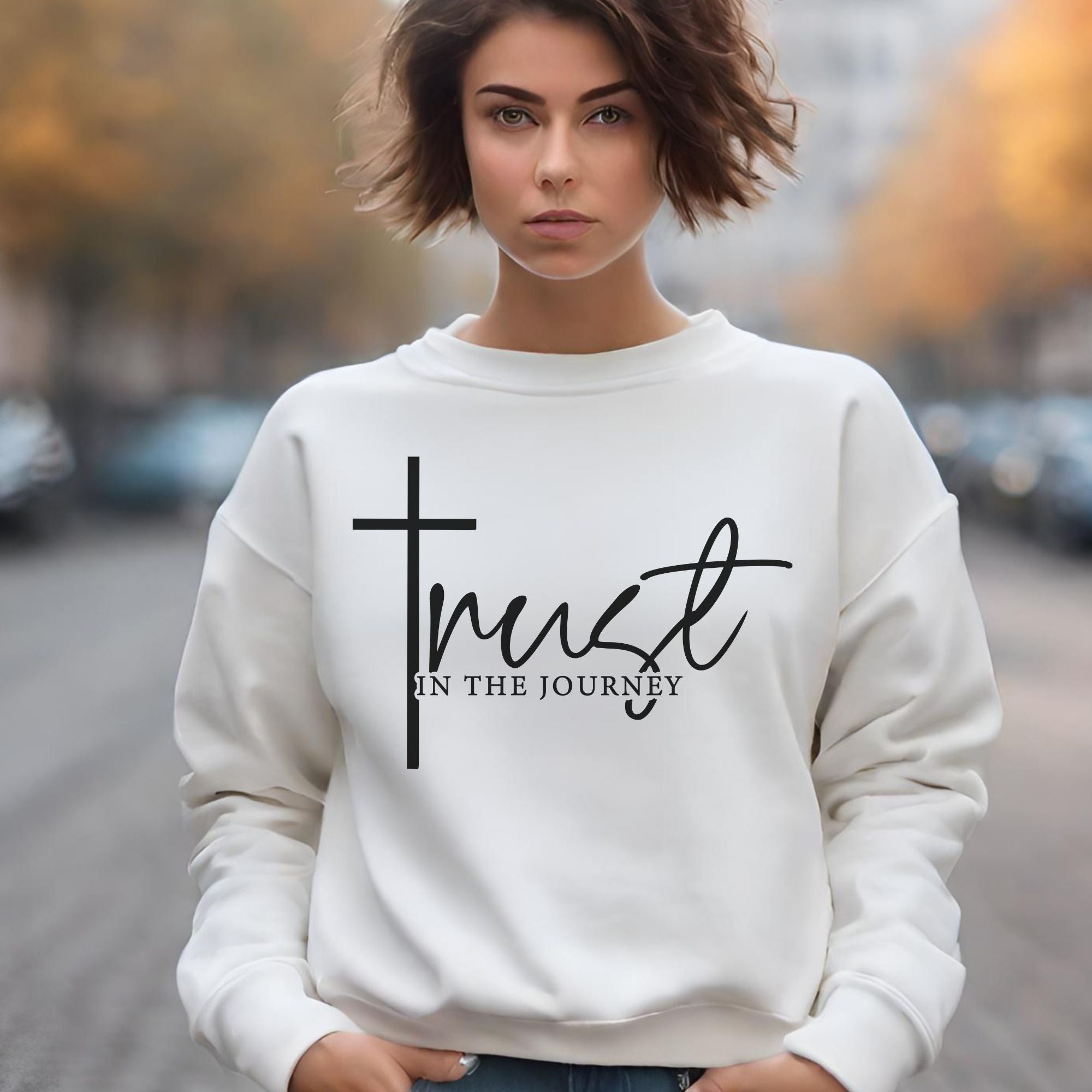 Trust in the Journey Women's Fleece Unisex-Fit Sweatshirt White / Sport Grey Size: S Color: Sport Grey Jesus Passion Apparel