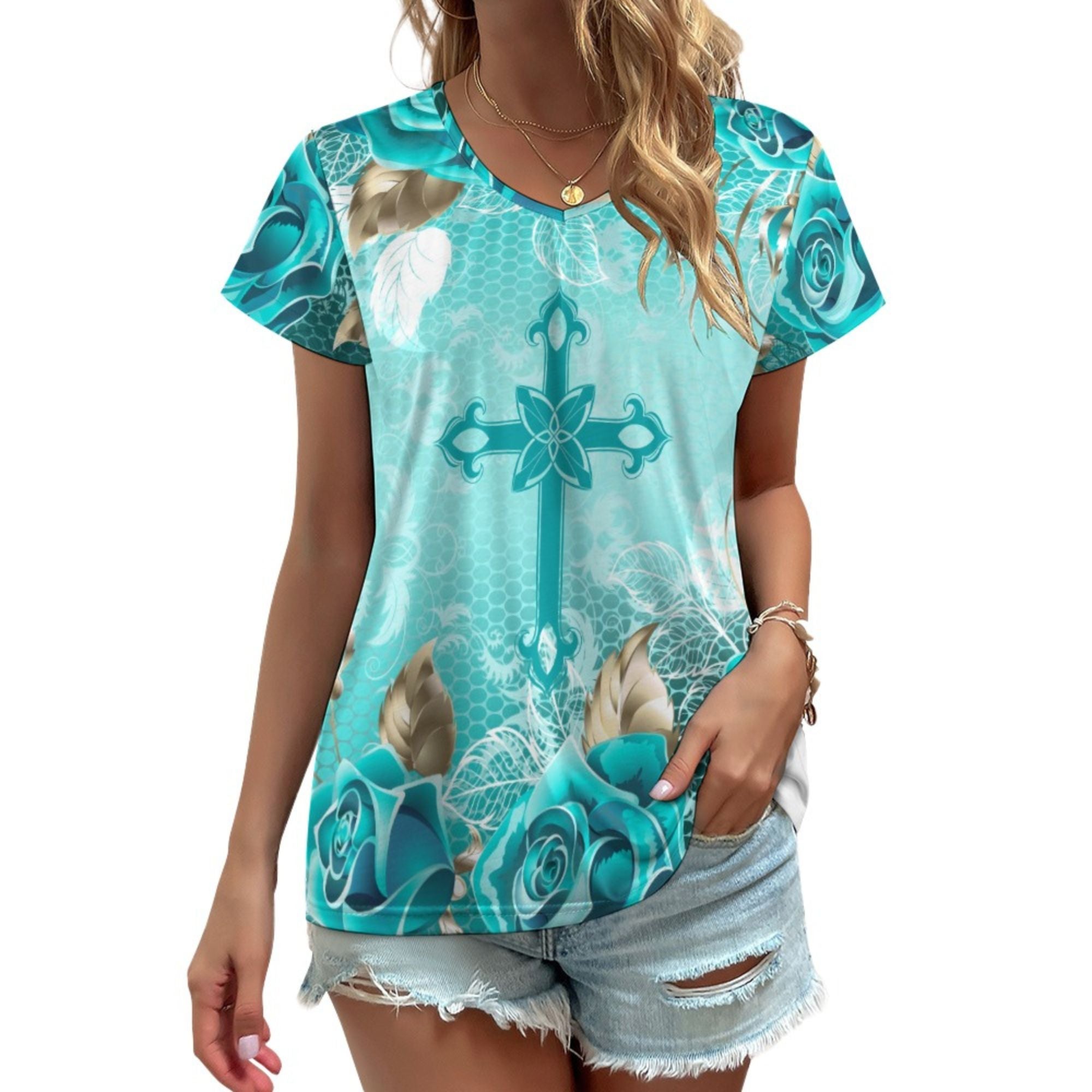 Turquoise Cross and Roses V-Neck Short Sleeve Blouse Size: S Color: White Jesus Passion Apparel