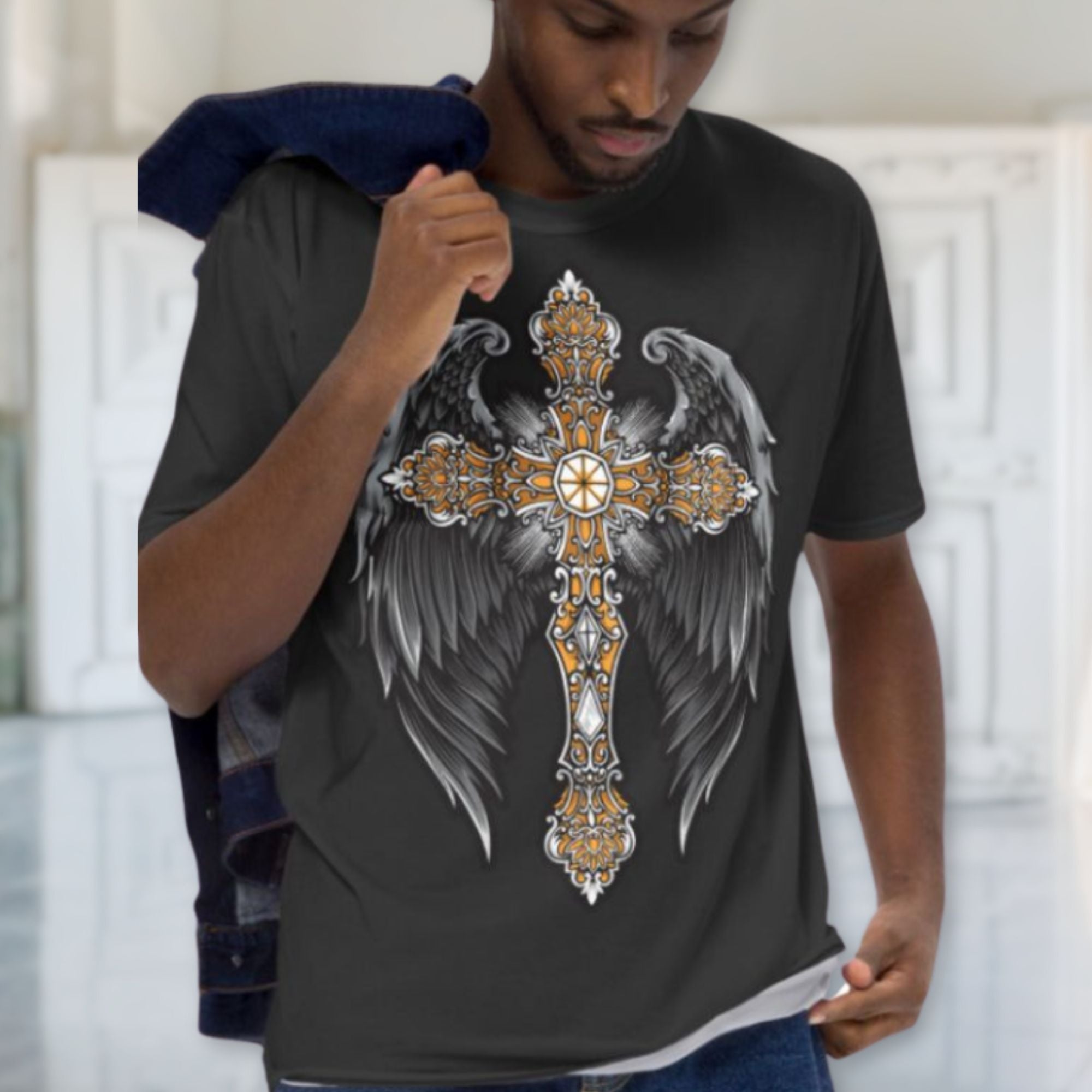Angels to Protect Handmade Crewneck Men's t-shirt Size: XS Jesus Passion Apparel