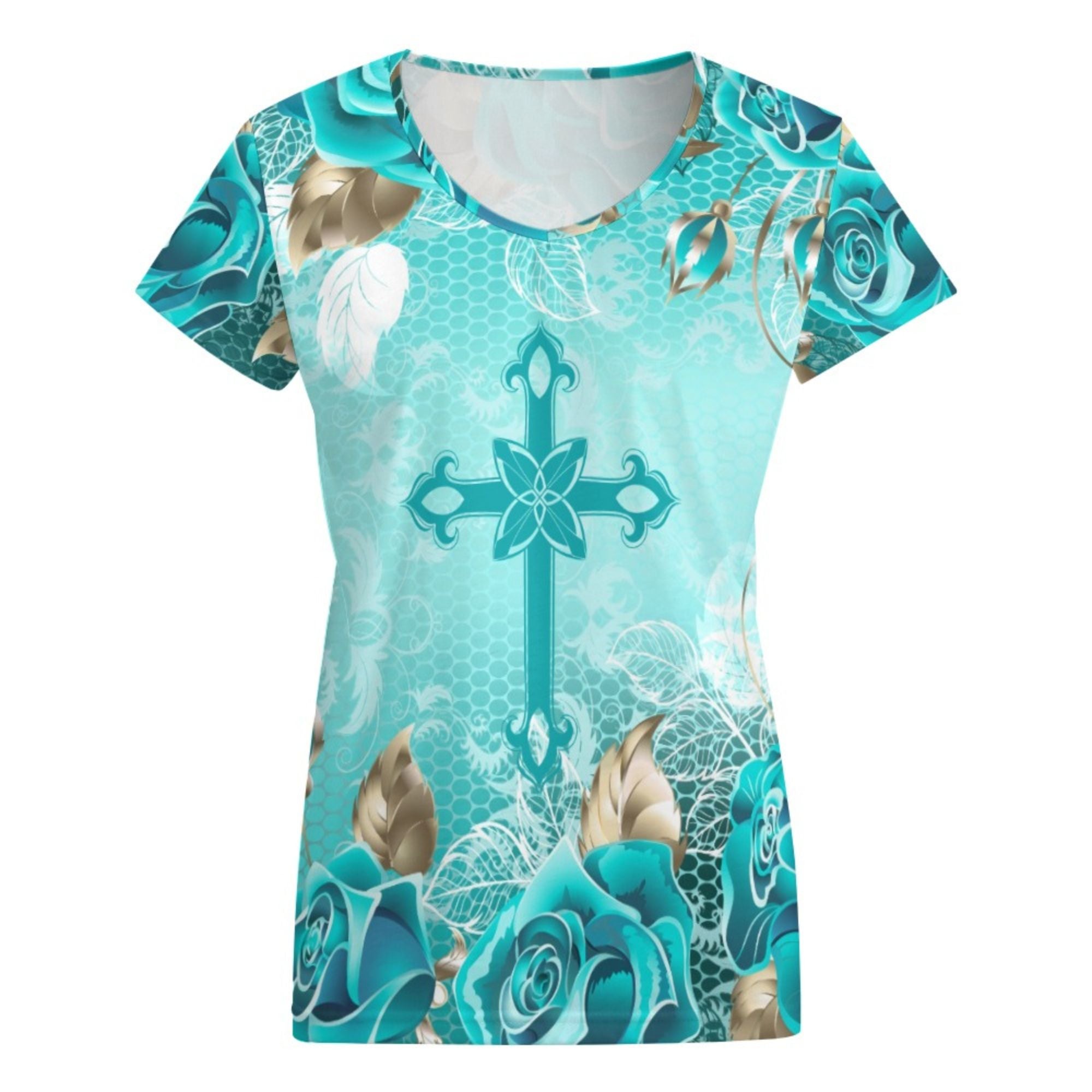 Turquoise Cross and Roses V-Neck Short Sleeve Blouse Size: S Color: White Jesus Passion Apparel