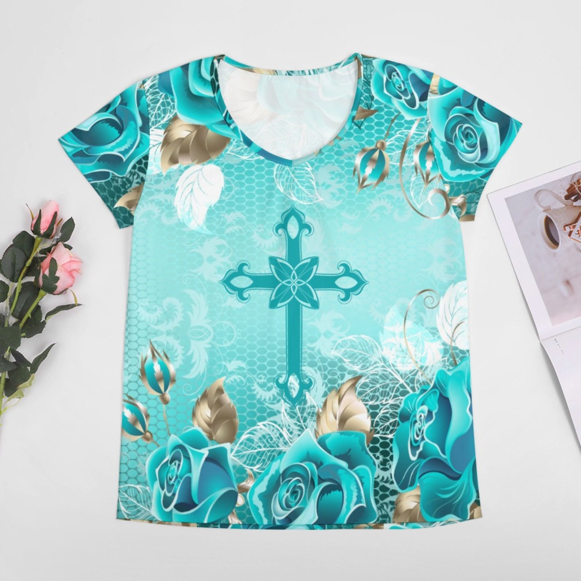 Turquoise Cross and Roses V-Neck Short Sleeve Blouse Size: S Color: White Jesus Passion Apparel