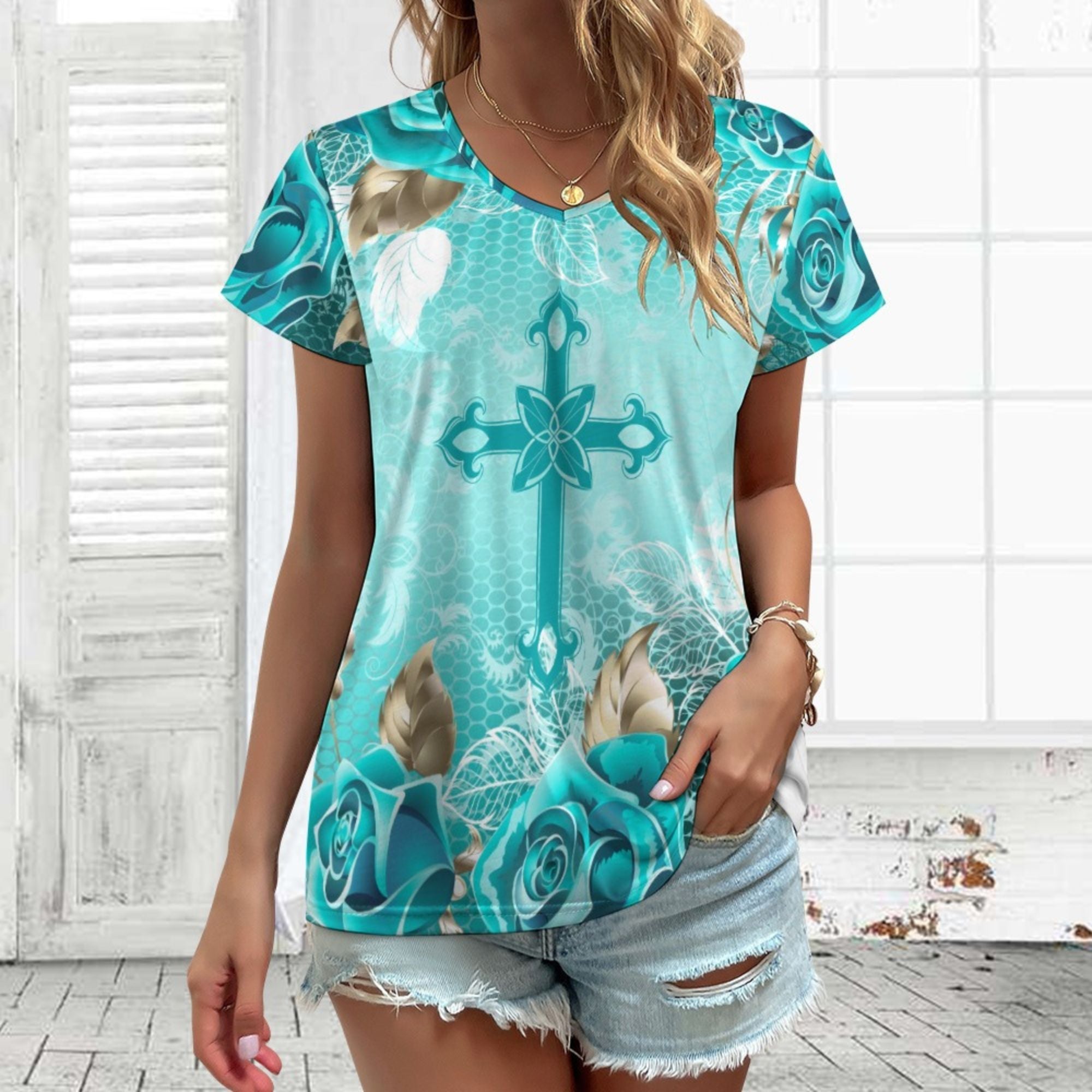 Turquoise Cross and Roses V-Neck Short Sleeve Blouse Size: S Color: White Jesus Passion Apparel