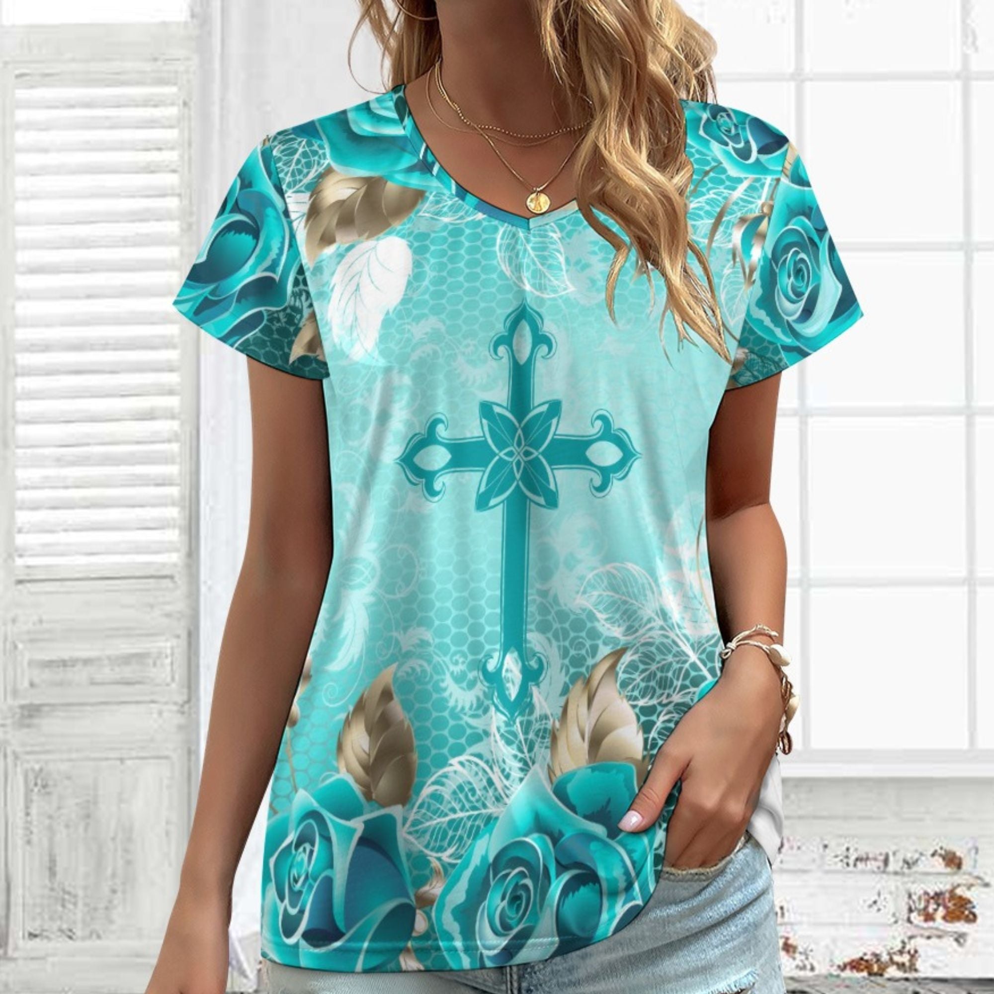 Turquoise Cross and Roses V-Neck Short Sleeve Blouse Size: S Color: White Jesus Passion Apparel