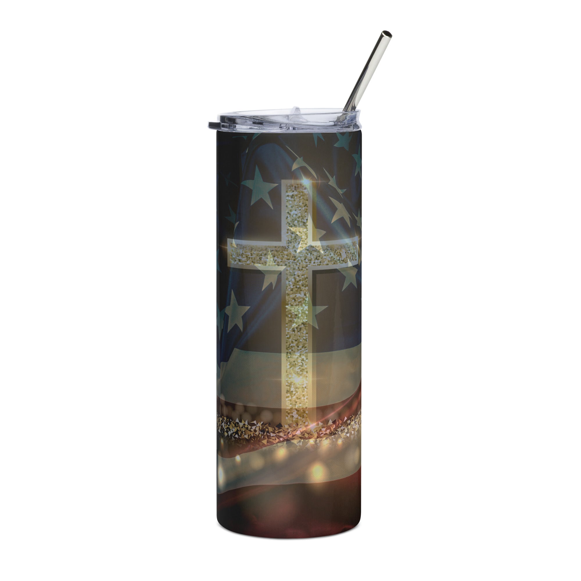 USA Flag Cross Jesus Tumbler - Stainless Straw