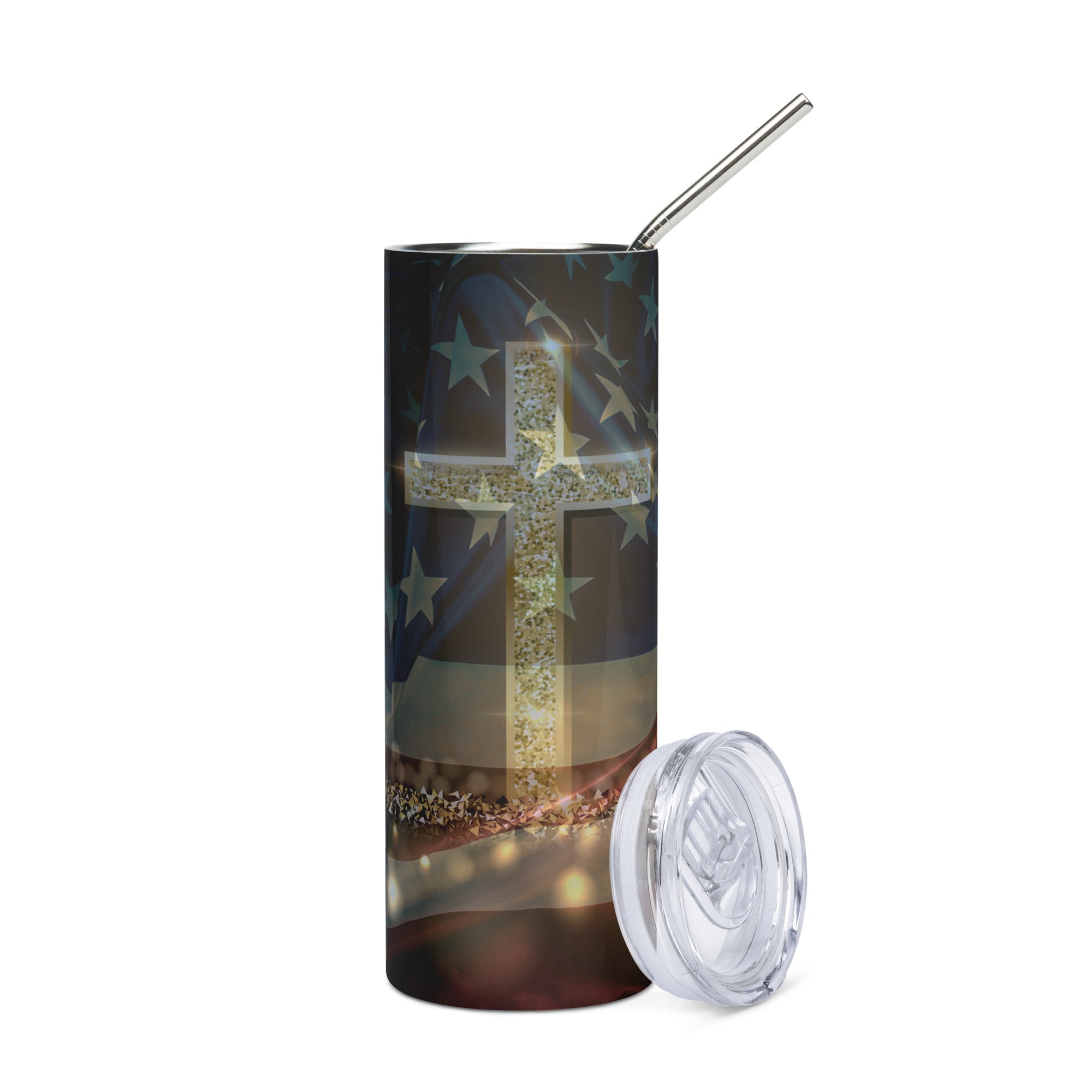 USA Flag Cross Jesus Tumbler - Stainless Straw