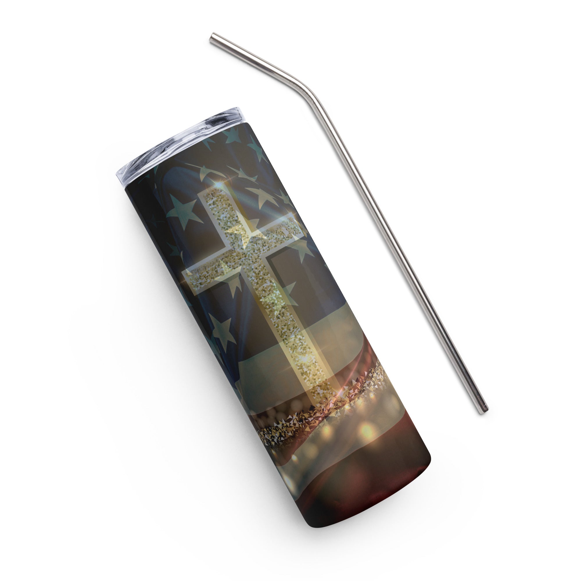 USA Flag Cross Jesus Tumbler - Stainless Straw