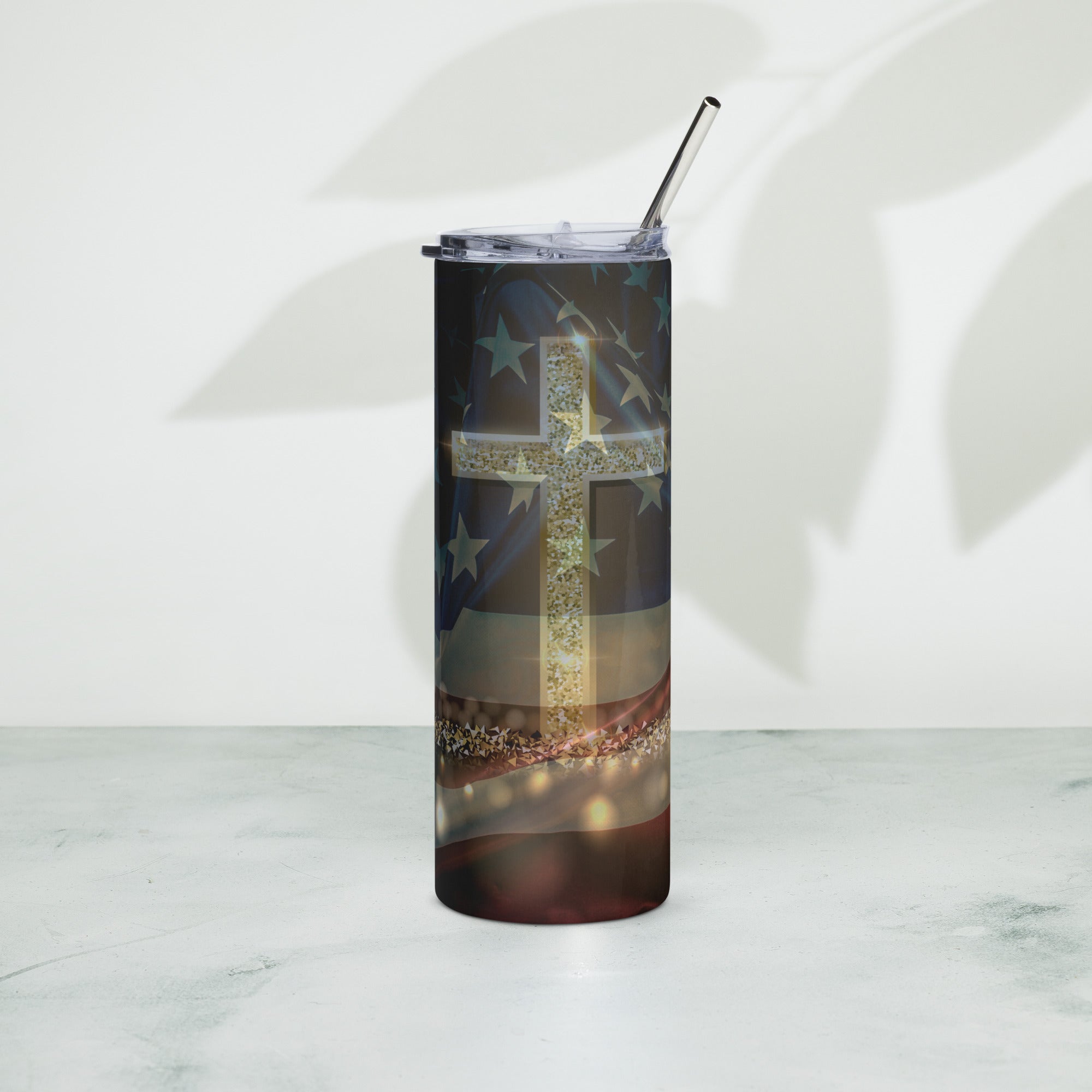 USA Flag Cross Jesus Tumbler - Stainless Straw