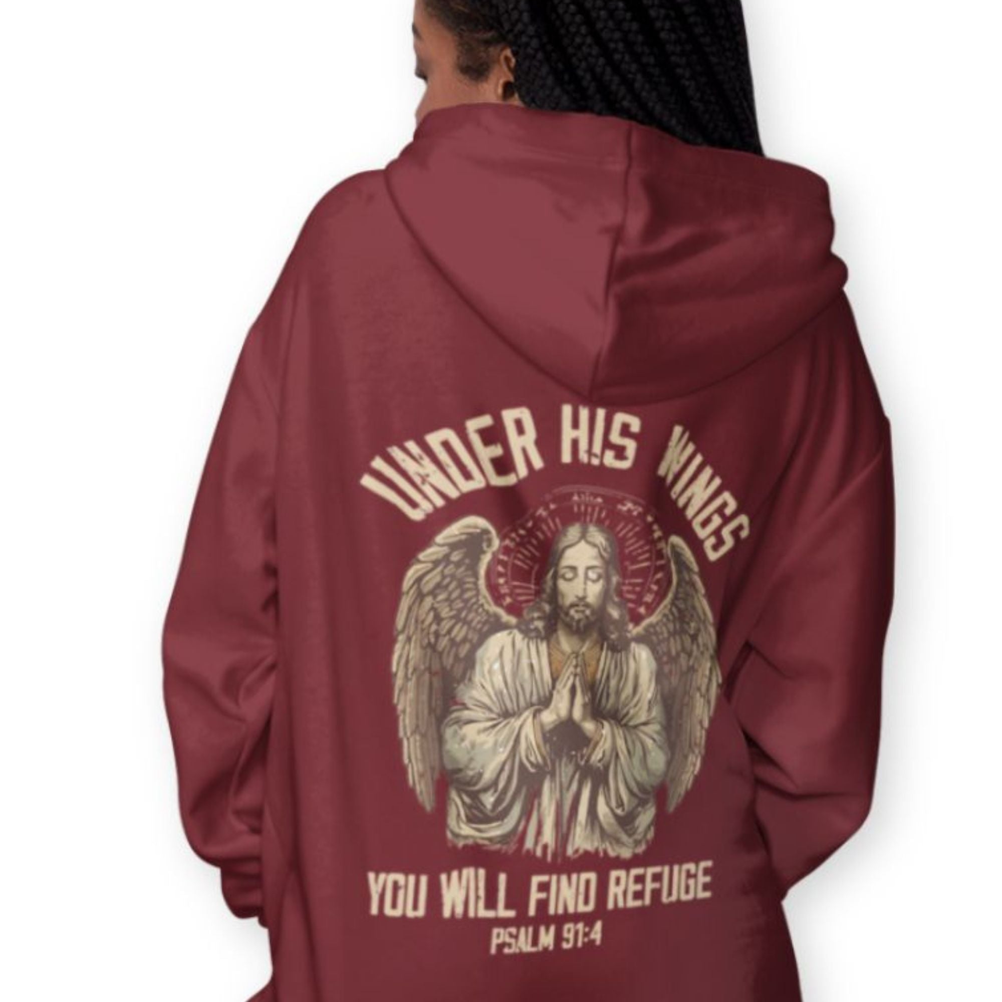 Under His Wings Retro-Inspired Premium Women's Hooded Jacket Heavy Blend™ Color: Burgundy Size: S Jesus Passion Apparel