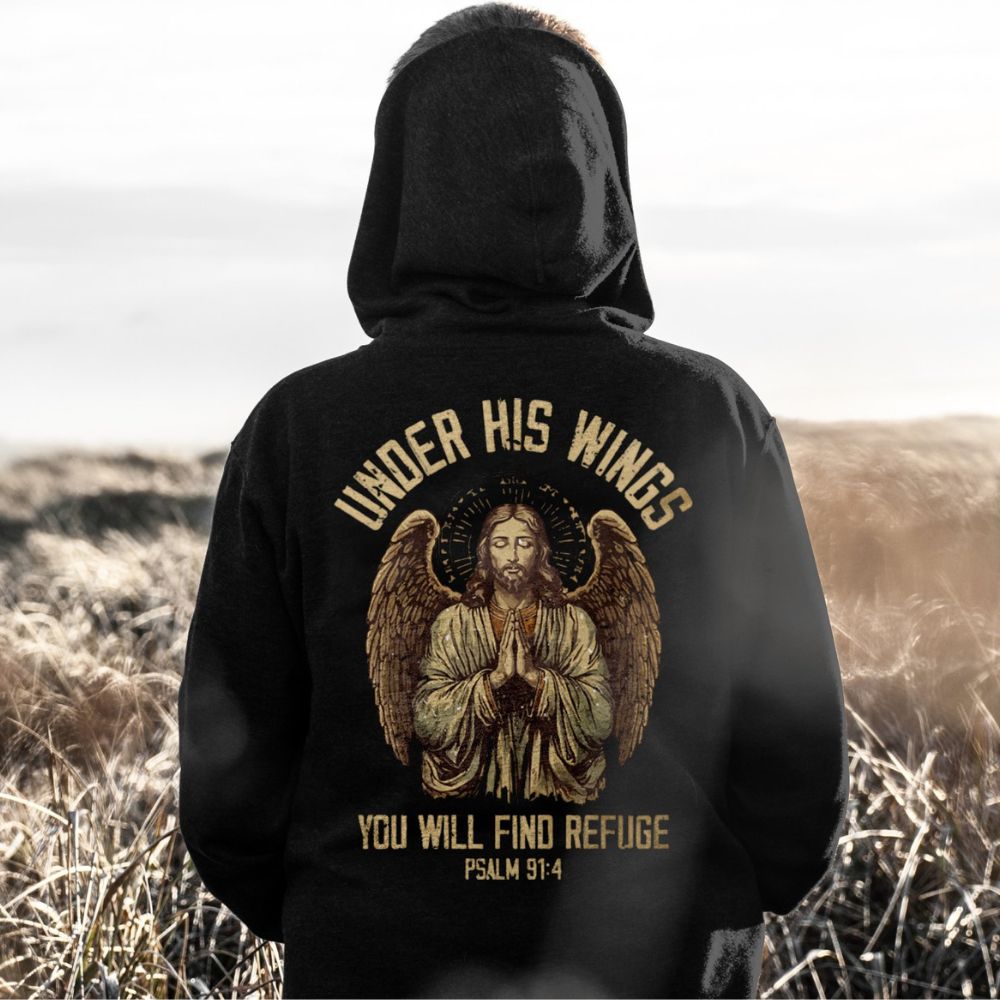 Under His Wings Retro-Inspired Premium Men's Hooded Jacket Heavy Blend™ Color: Burgundy Size: S Jesus Passion Apparel