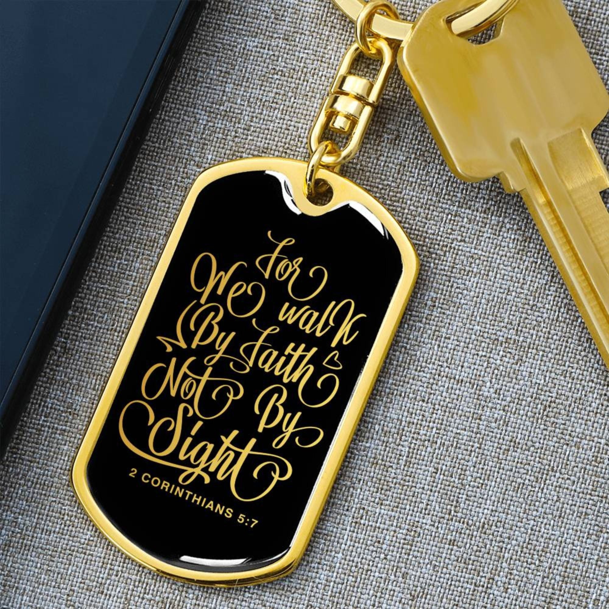 We Walk By Faith - Gold Dog Tag with Swivel Keychain Engraving: No Jesus Passion Apparel
