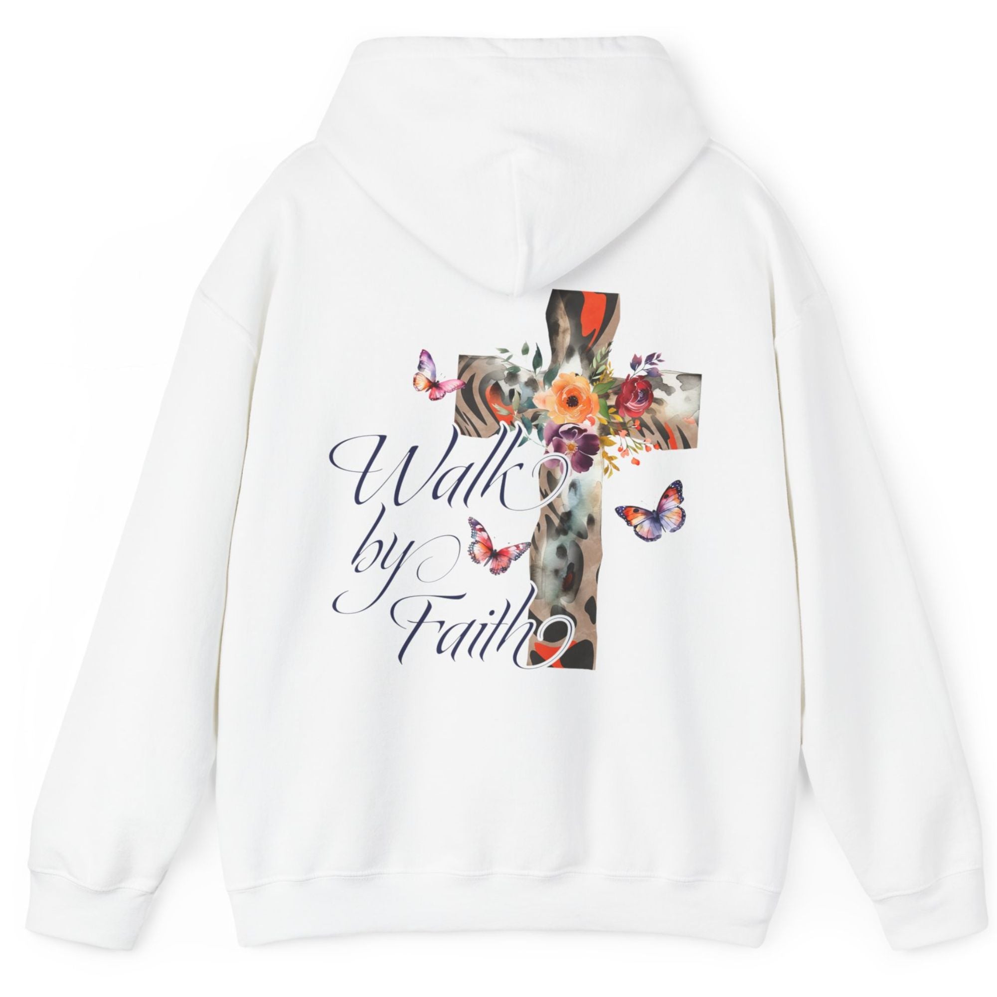 Walk by Faith Butterfly Cross Unisex-Fit Hoodie Colors: White Sizes: S Jesus Passion Apparel