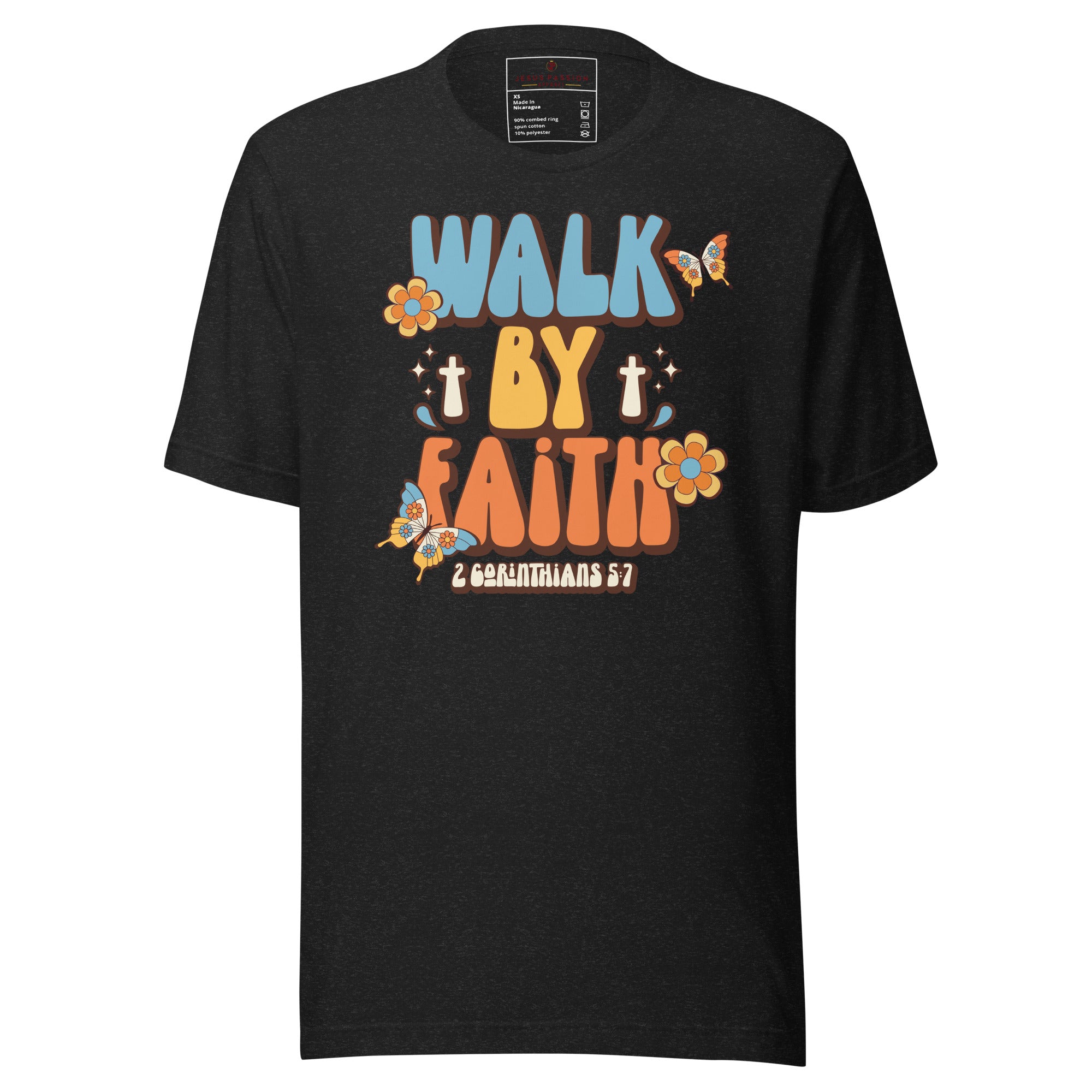 Walk By Faith Retro Unisex Fit T-Shirt Color: Black Heather Size: XS Jesus Passion Apparel