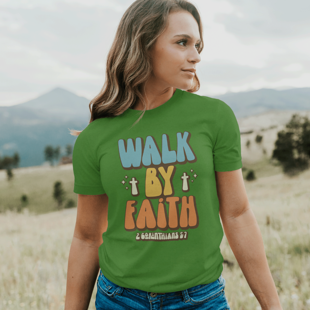 Walk By Faith Retro Unisex Fit T-Shirt Color: Black Heather Size: XS Jesus Passion Apparel