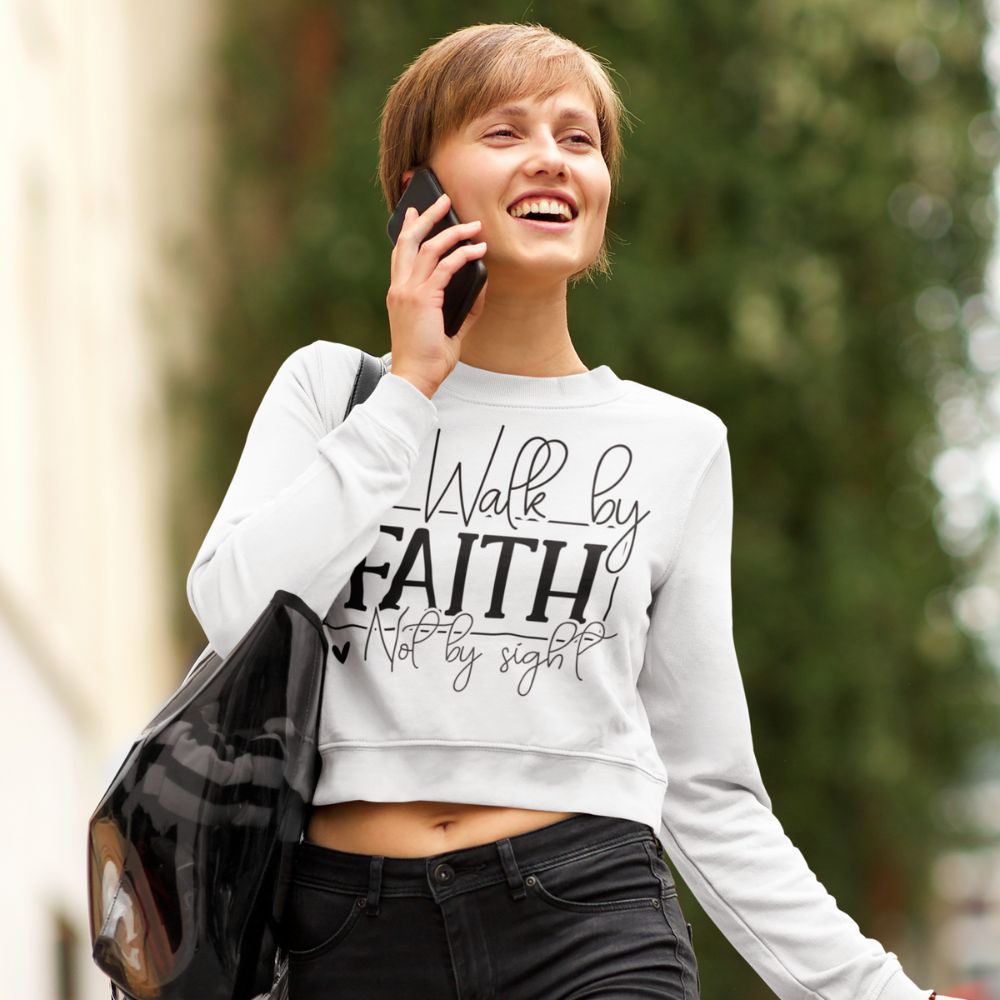 Walk by Faith Women's Cropped Raglan Pullover Fleece Sweatshirt - White Size: S Color: White Jesus Passion Apparel