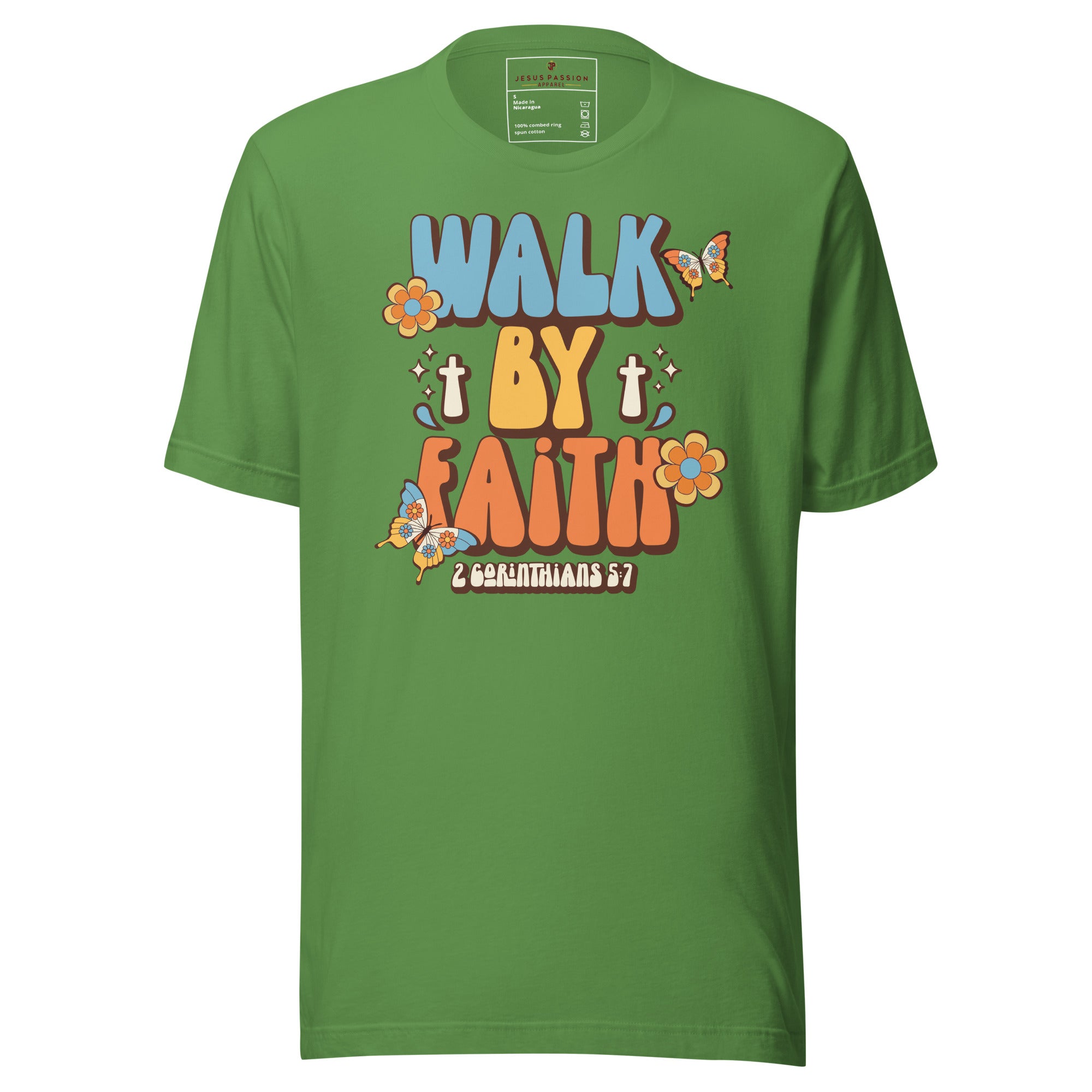 Walk By Faith Retro Unisex Fit T-Shirt Color: Leaf Size: S Jesus Passion Apparel