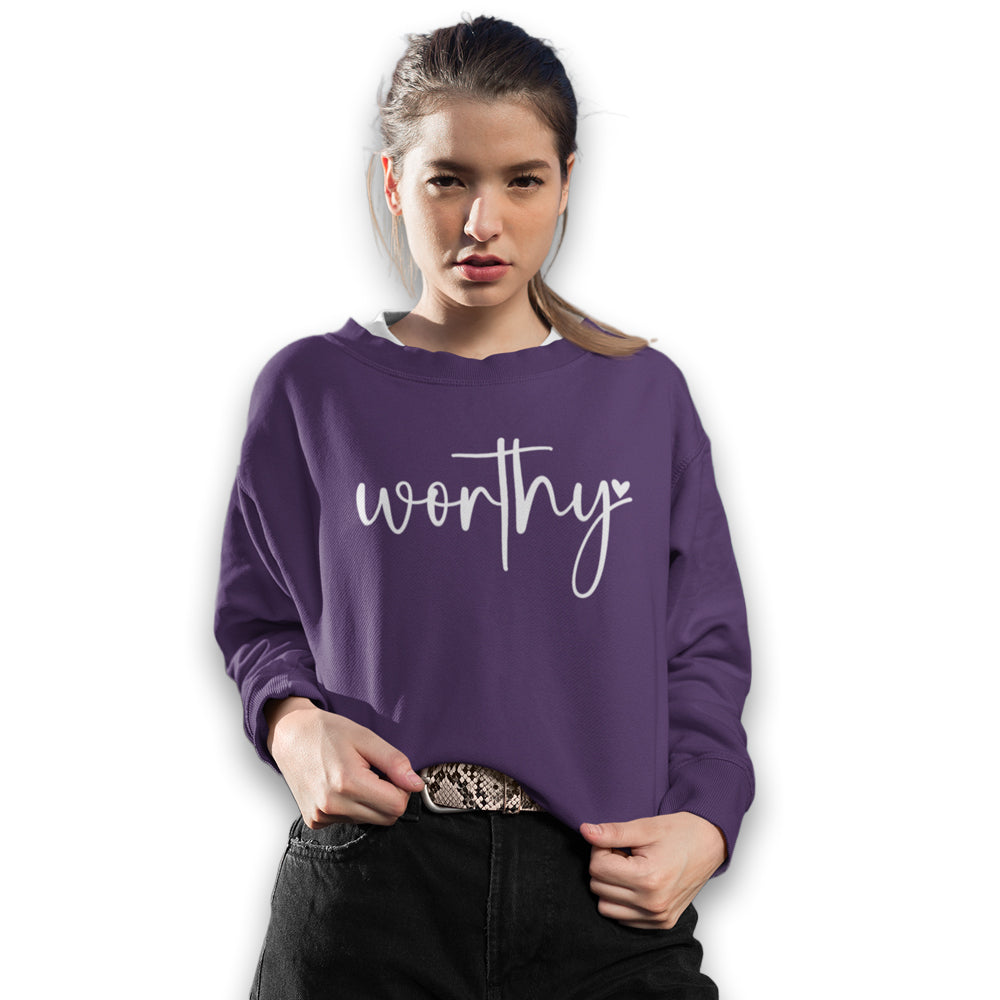Worthy Women's Fleece Unisex-Fit Sweatshirt Purple / Navy Size: S Color: Navy Jesus Passion Apparel