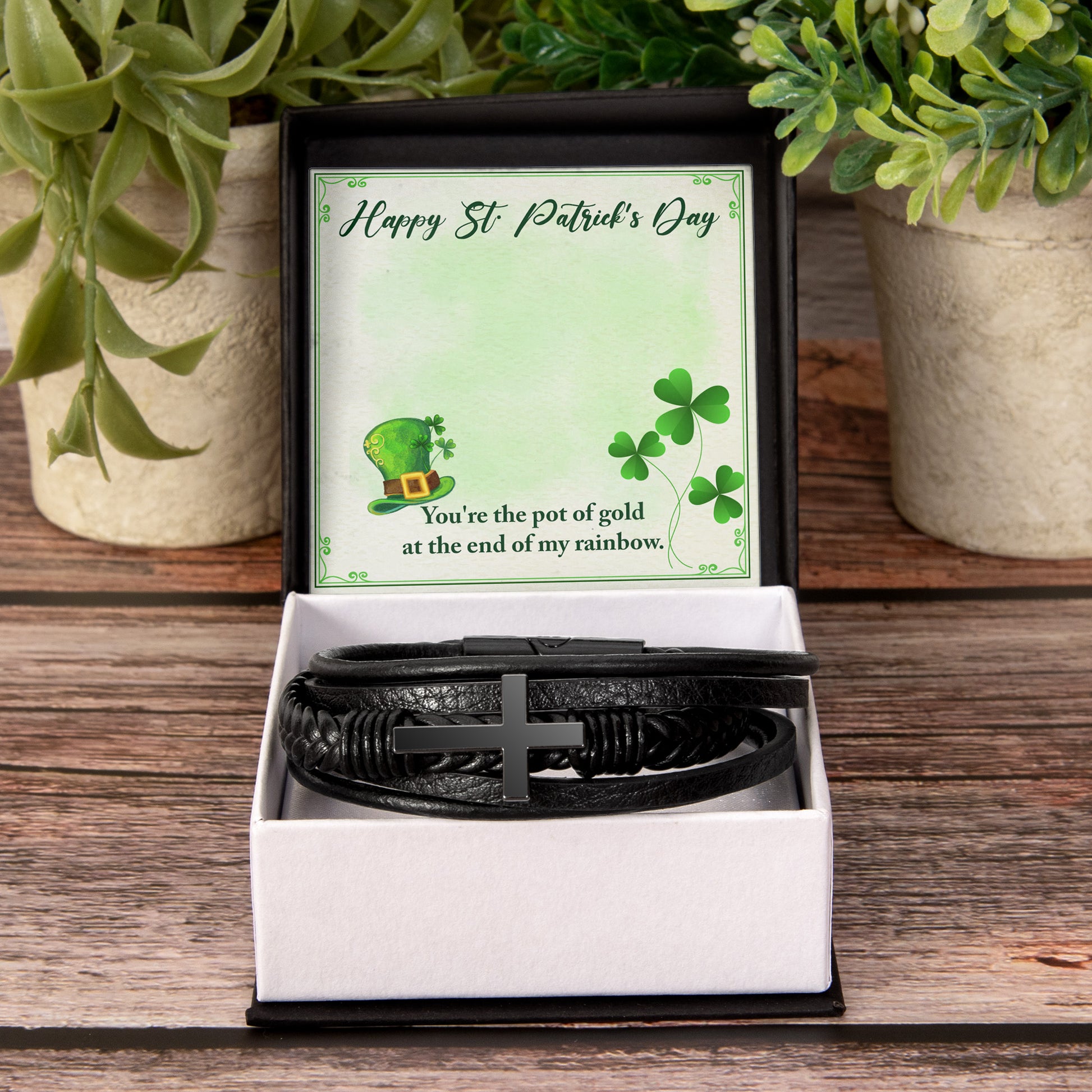 You're The Pot of Gold - Saint Patrick's Day Gift - Men's Cross and Black Braided Rope Bracelet Jesus Passion Apparel