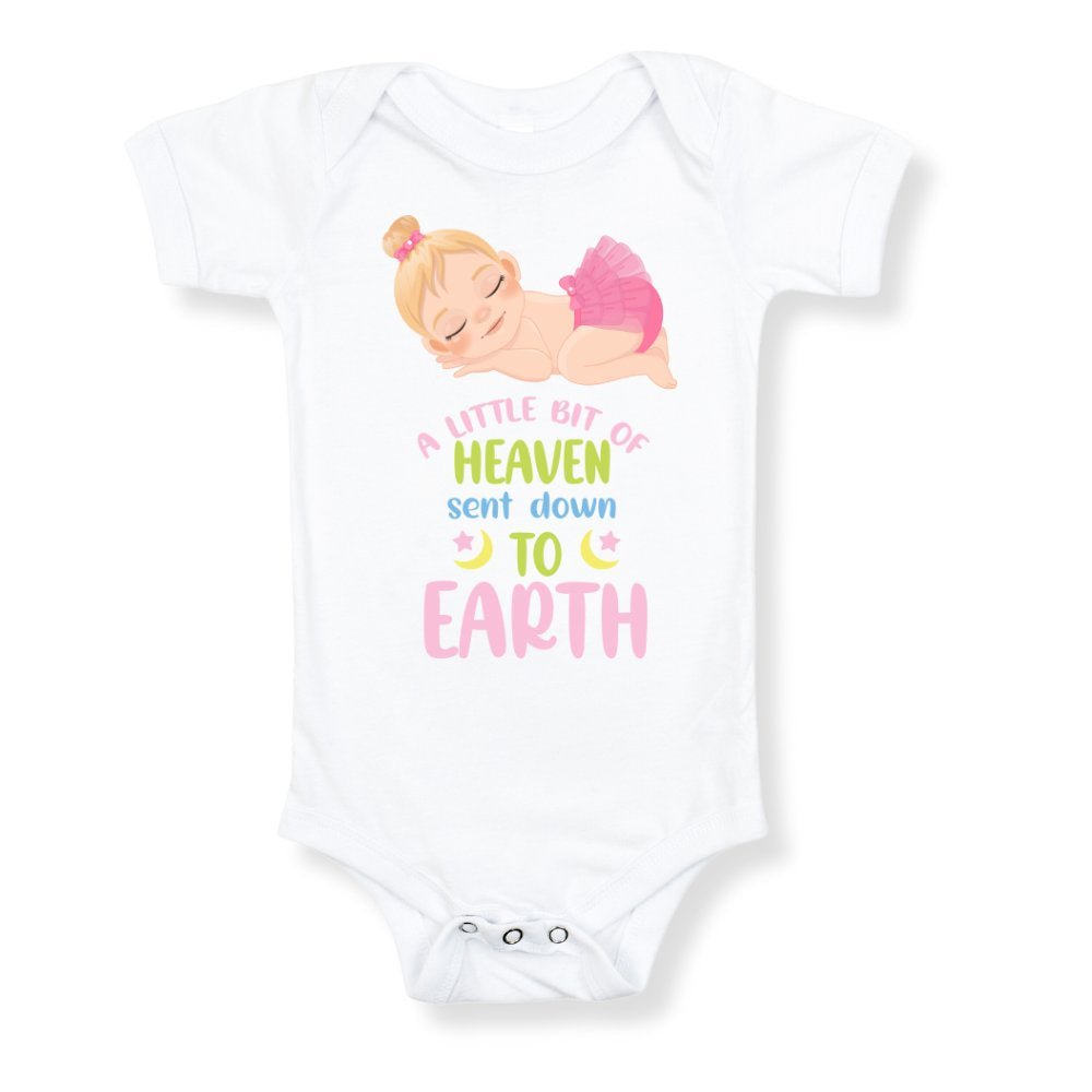 A Little Bit of Heaven Sent Down to Earth Baby Bodysuit Personalized Baby Girl Blonde Hair - Jesus Passion Apparel