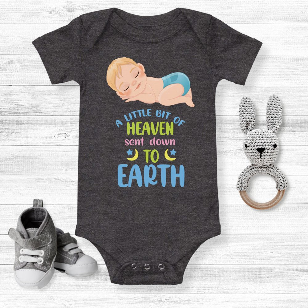 A Little Bit of Heaven Sent Down to Earth Bodysuit Personalized Baby Boy Blonde Hair - Jesus Passion Apparel