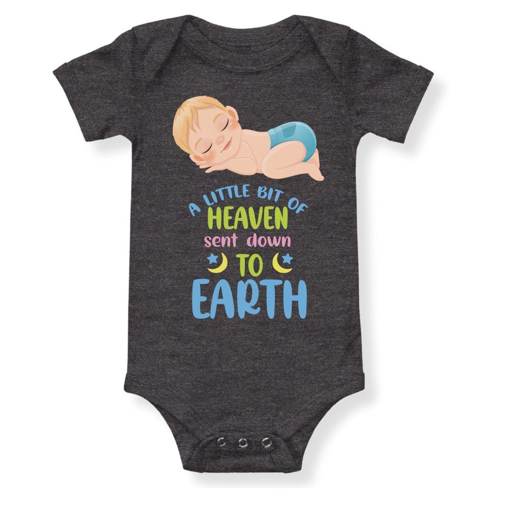 A Little Bit of Heaven Sent Down to Earth Bodysuit Personalized Baby Boy Blonde Hair - Jesus Passion Apparel