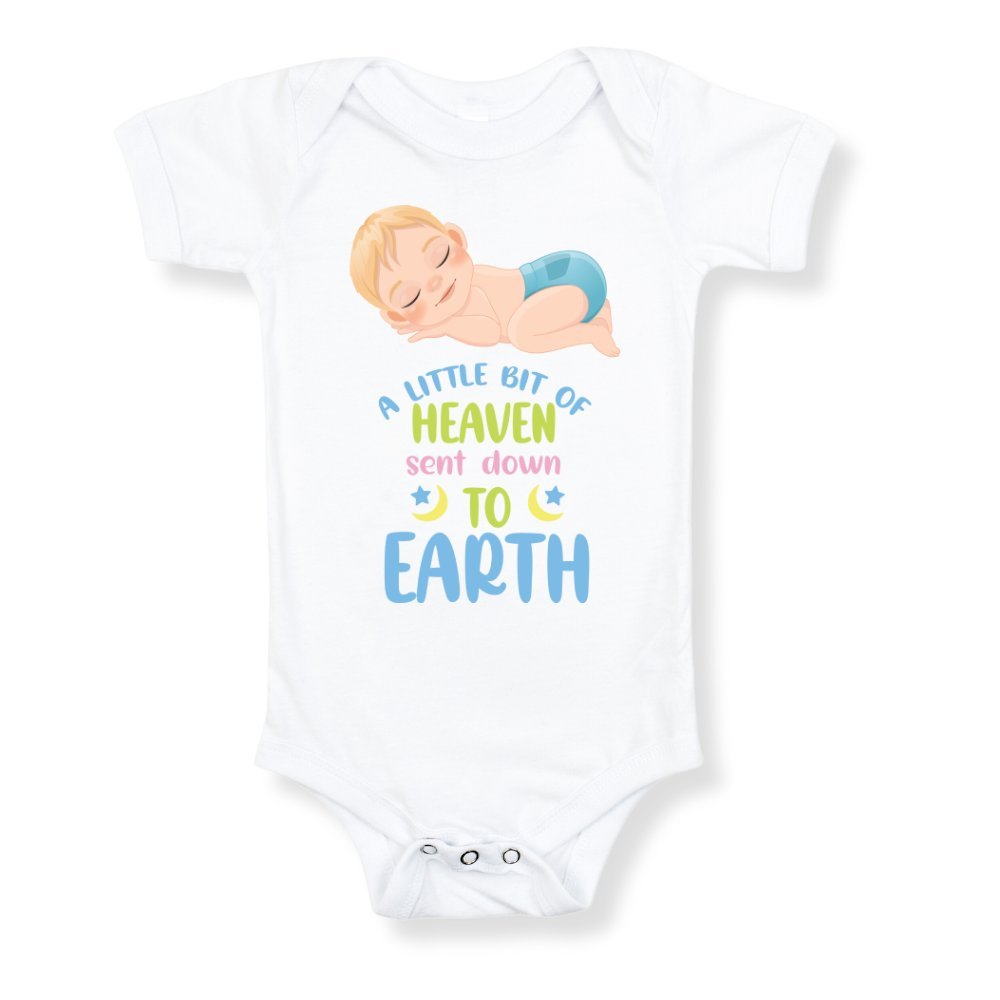 A Little Bit of Heaven Sent Down to Earth Bodysuit Personalized Baby Boy Blonde Hair - Jesus Passion Apparel