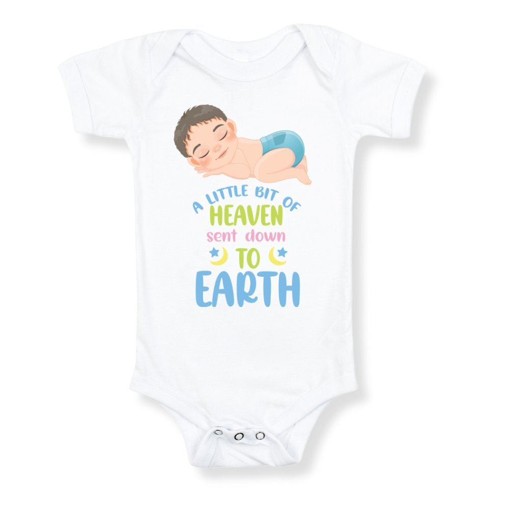 A Little Bit of Heaven Sent Down to Earth Bodysuit Personalized Baby Boy Brown Hair - Jesus Passion Apparel