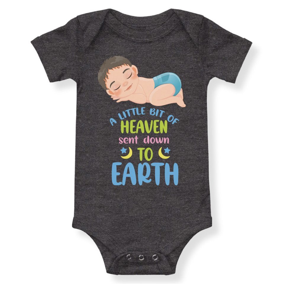 A Little Bit of Heaven Sent Down to Earth Bodysuit Personalized Baby Boy Brown Hair - Jesus Passion Apparel