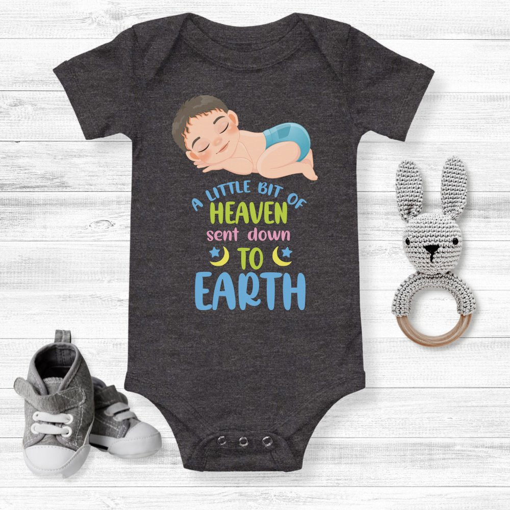 A Little Bit of Heaven Sent Down to Earth Bodysuit Personalized Baby Boy Brown Hair - Jesus Passion Apparel