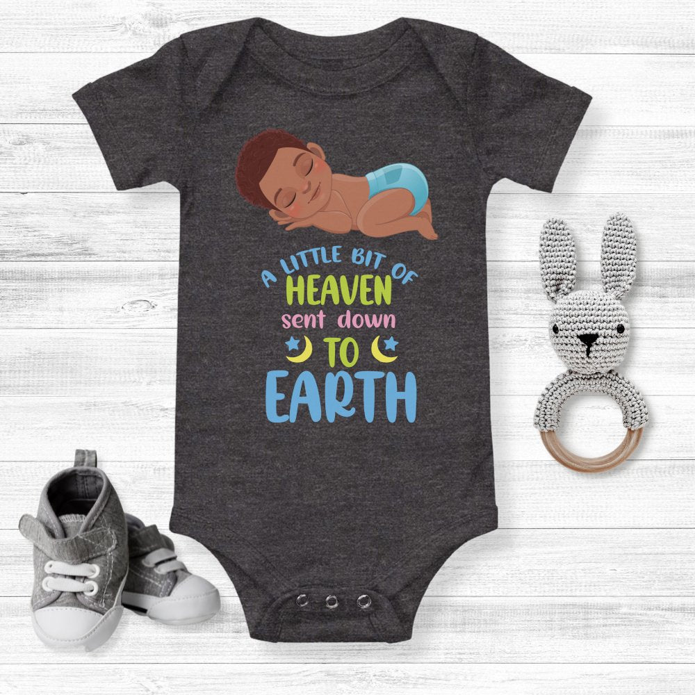 A Little Bit of Heaven Sent Down to Earth Bodysuit Personalized Baby Boy Dark Hair - Jesus Passion Apparel