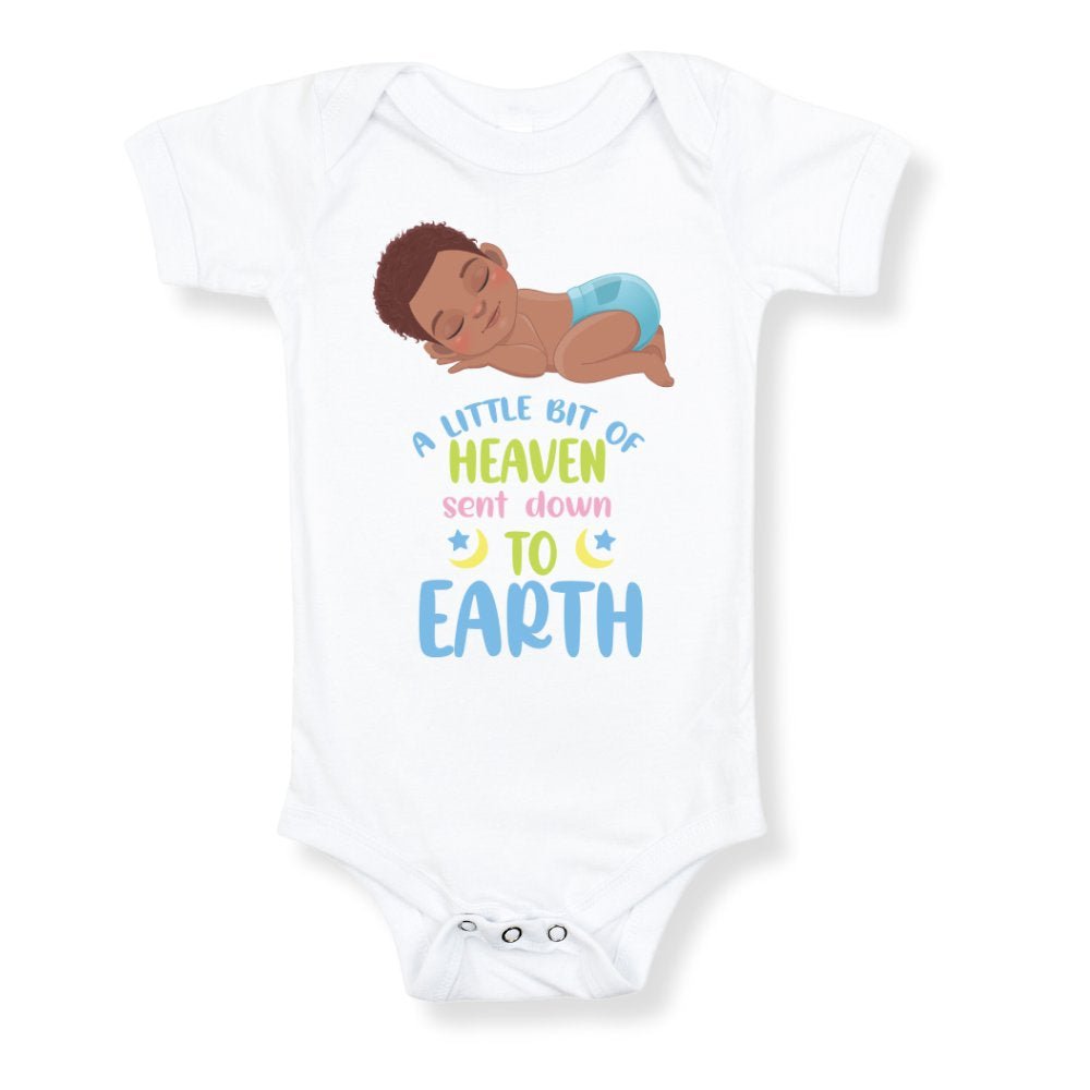 A Little Bit of Heaven Sent Down to Earth Bodysuit Personalized Baby Boy Dark Hair - Jesus Passion Apparel