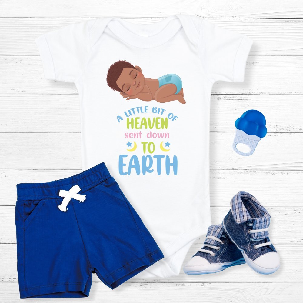 A Little Bit of Heaven Sent Down to Earth Bodysuit Personalized Baby Boy Dark Hair - Jesus Passion Apparel