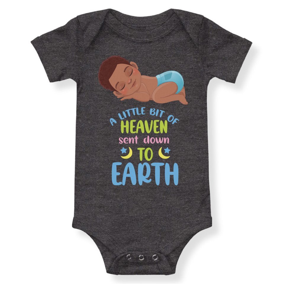 A Little Bit of Heaven Sent Down to Earth Bodysuit Personalized Baby Boy Dark Hair - Jesus Passion Apparel