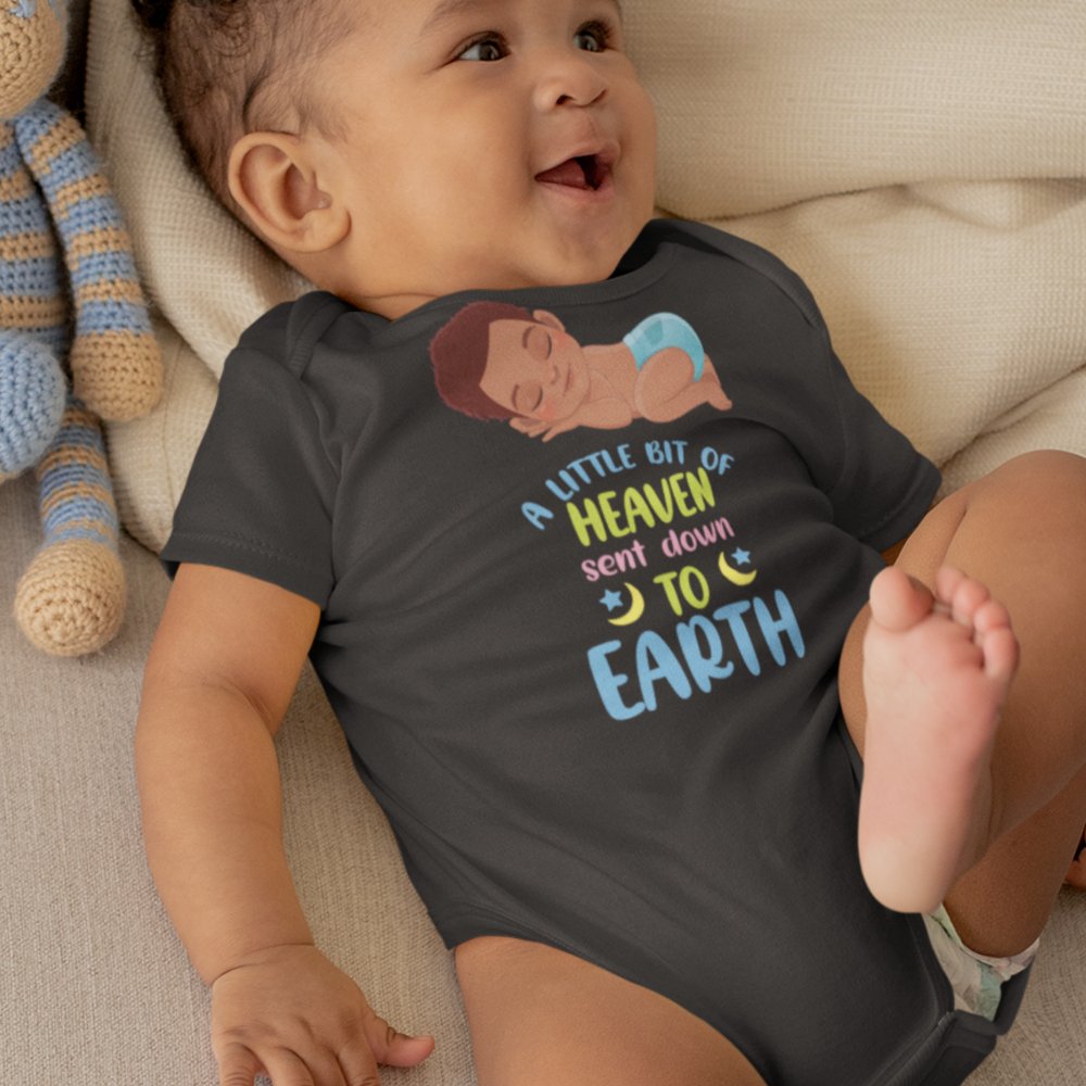 A Little Bit of Heaven Sent Down to Earth Bodysuit Personalized Baby Boy Dark Hair - Jesus Passion Apparel