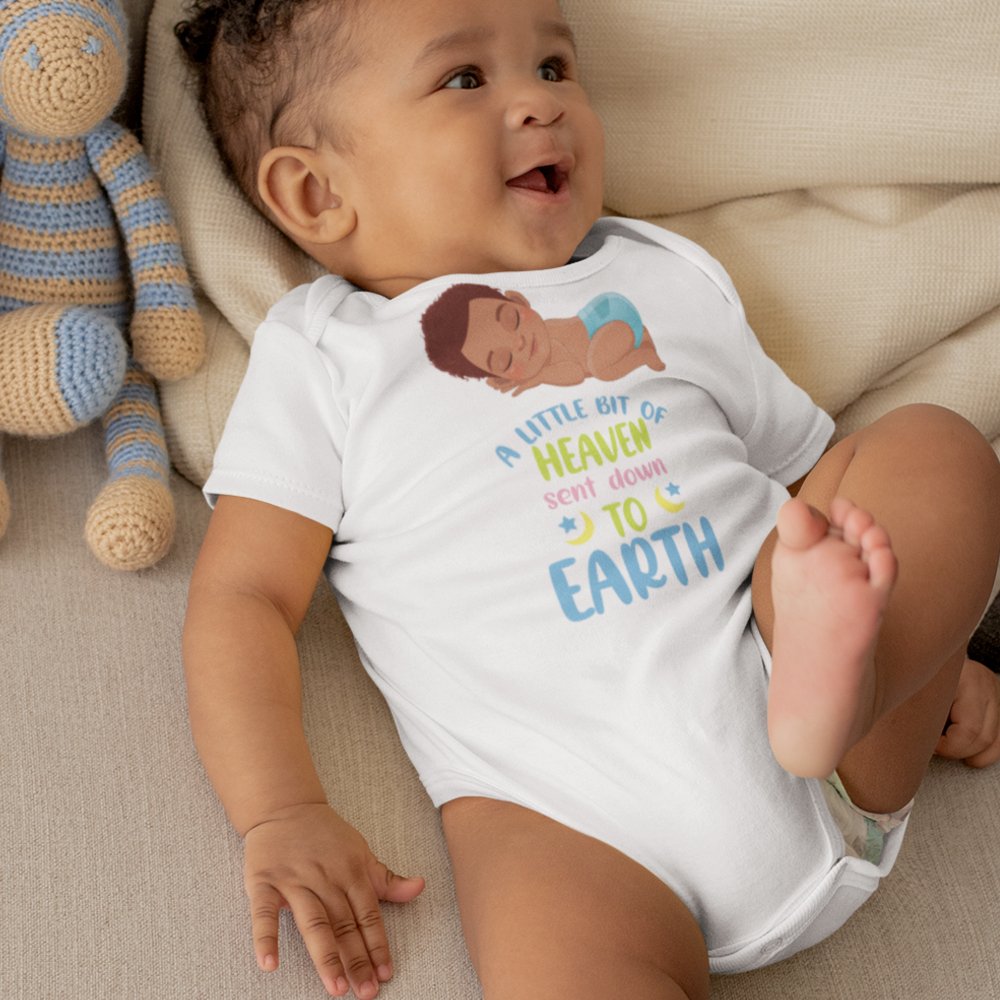 A Little Bit of Heaven Sent Down to Earth Bodysuit Personalized Baby Boy Dark Hair - Jesus Passion Apparel